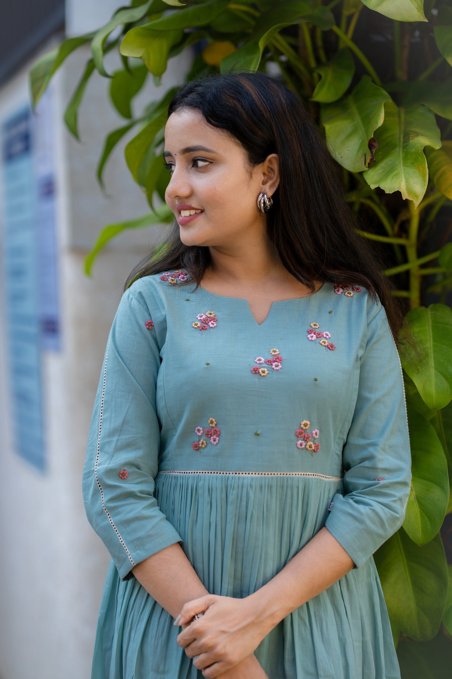 Seafoam shaded pure mul cotton kurti/dress with thread worked embroidery on yoke MBS-502