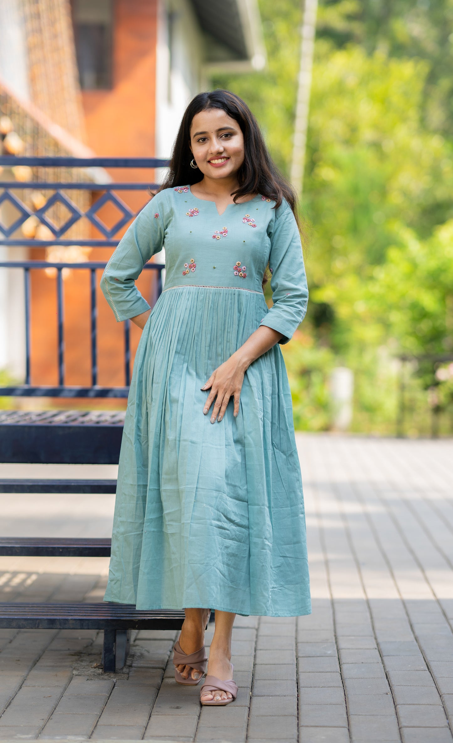 Seafoam shaded pure mul cotton kurti/dress with thread worked embroidery on yoke MBS-502