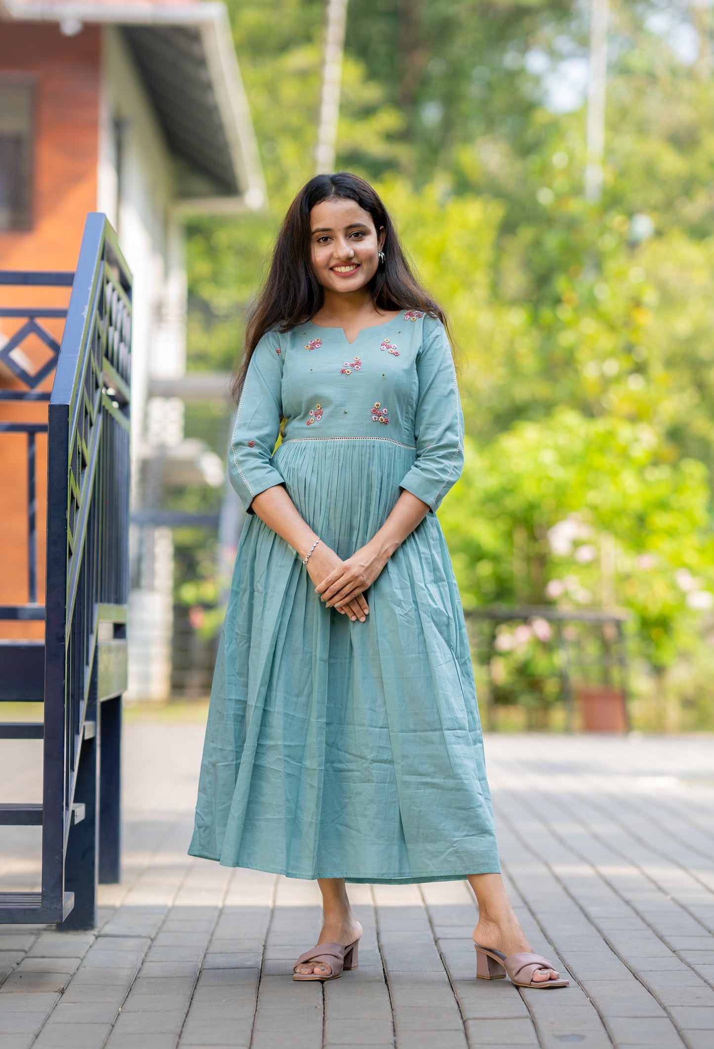 Seafoam shaded pure mul cotton kurti/dress with thread worked embroidery on yoke MBS-502