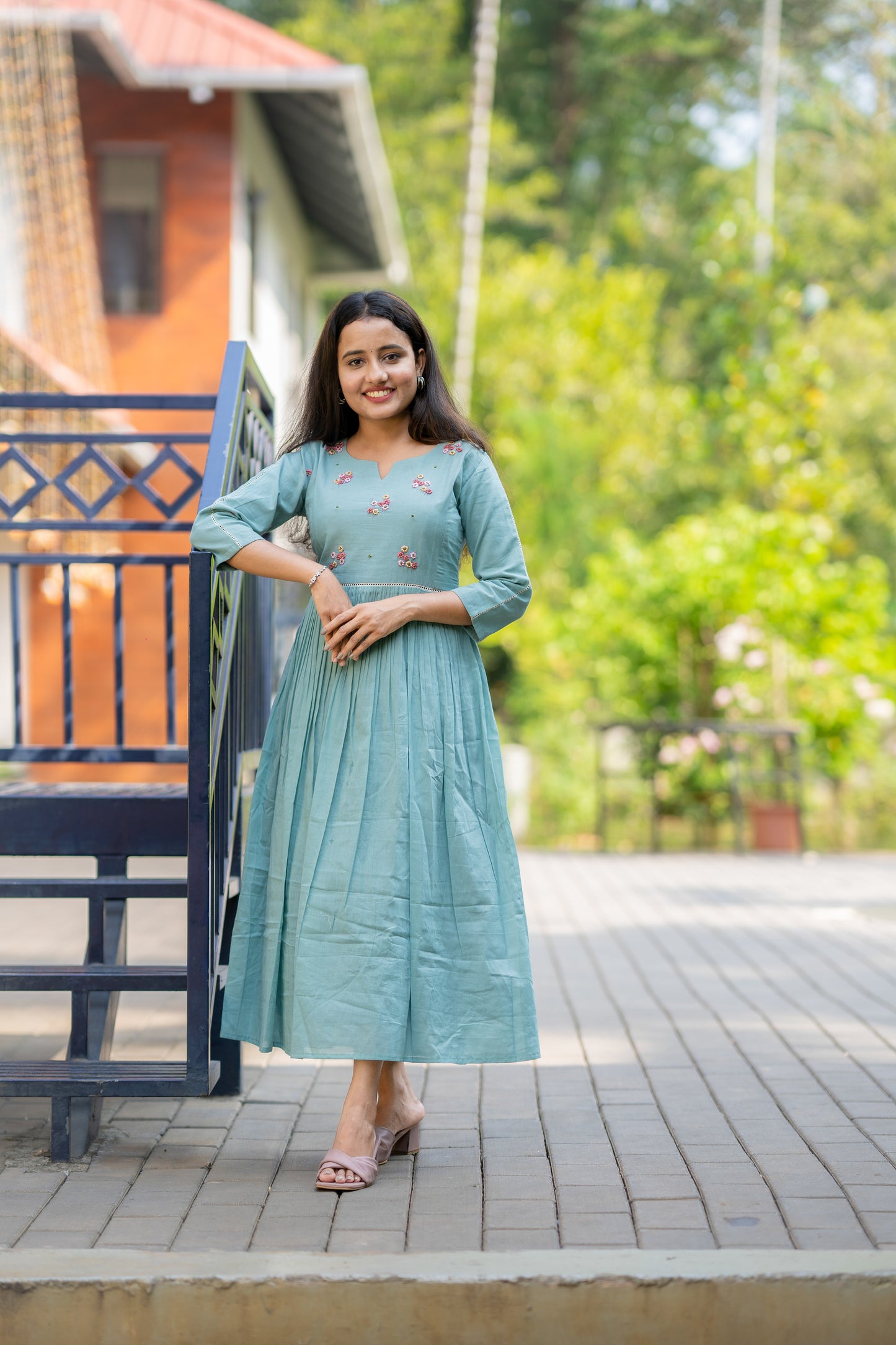 Seafoam shaded pure mul cotton kurti/dress with thread worked embroidery on yoke MBS-502