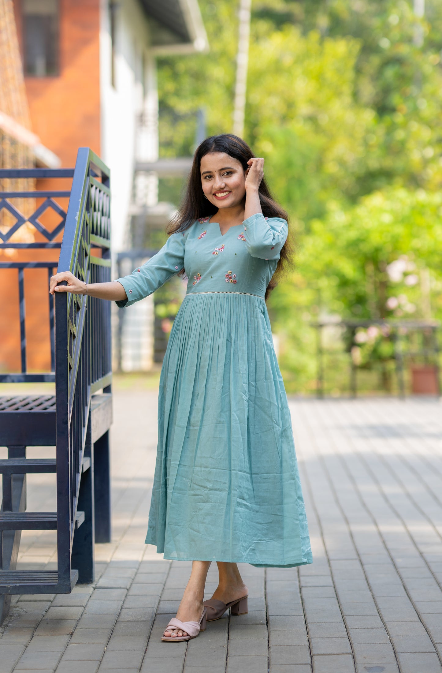 Seafoam shaded pure mul cotton kurti/dress with thread worked embroidery on yoke MBS-502