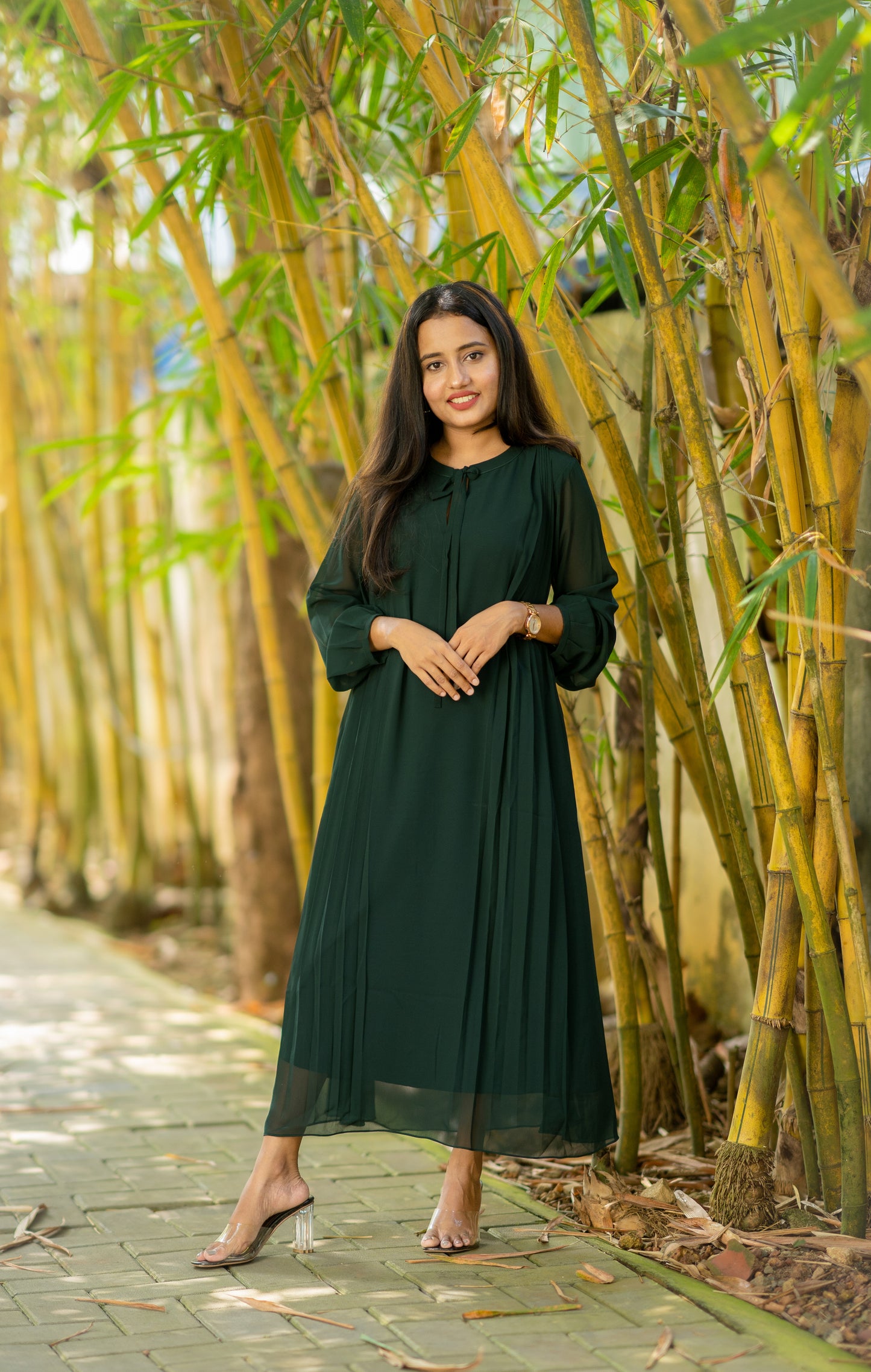 Bottle green Dress/kurti with side pleated pattern MBS-505