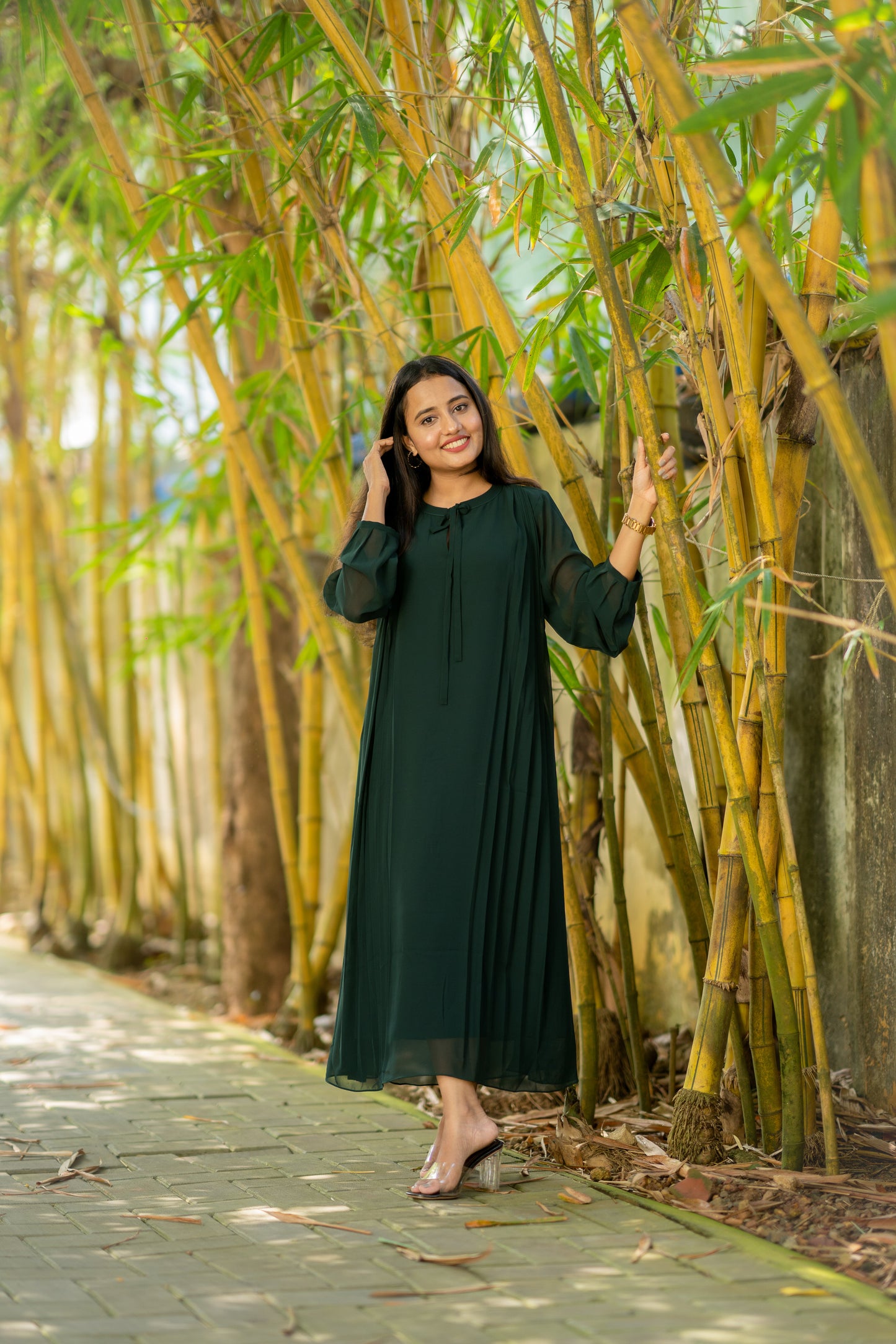 Bottle green Dress/kurti with side pleated pattern MBS-505