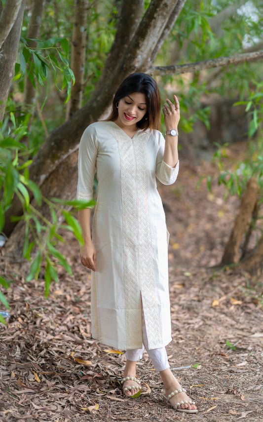 Off white cotton flex kurti with hacoba detailing MBS-310