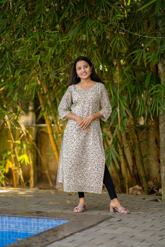 Ivory mul cotton kurti with all over thread embroidery MBS-508