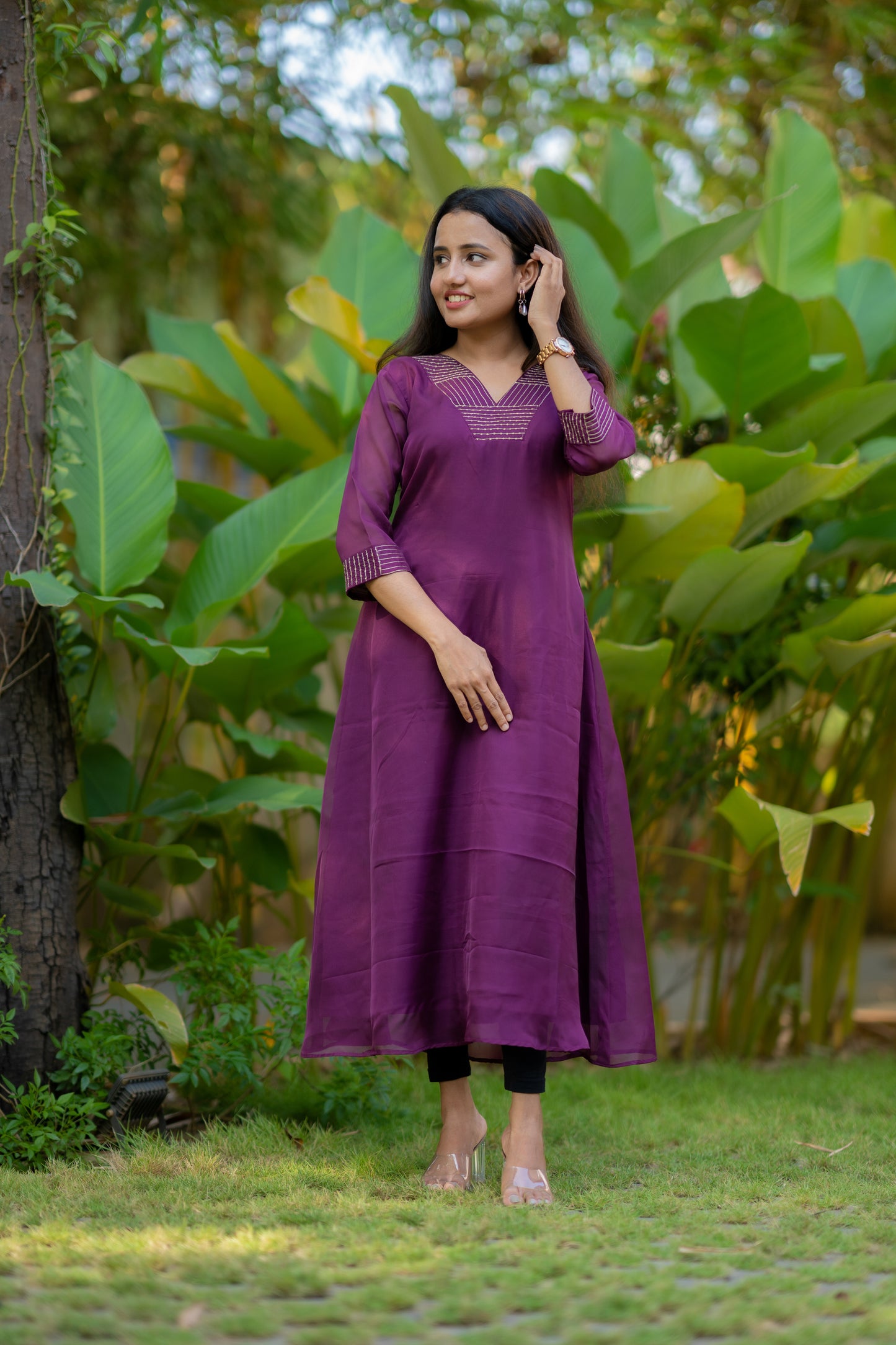 Burgundy shaded soft organza A-line kurti with zari work detailing on neck and sleeve MBS-511