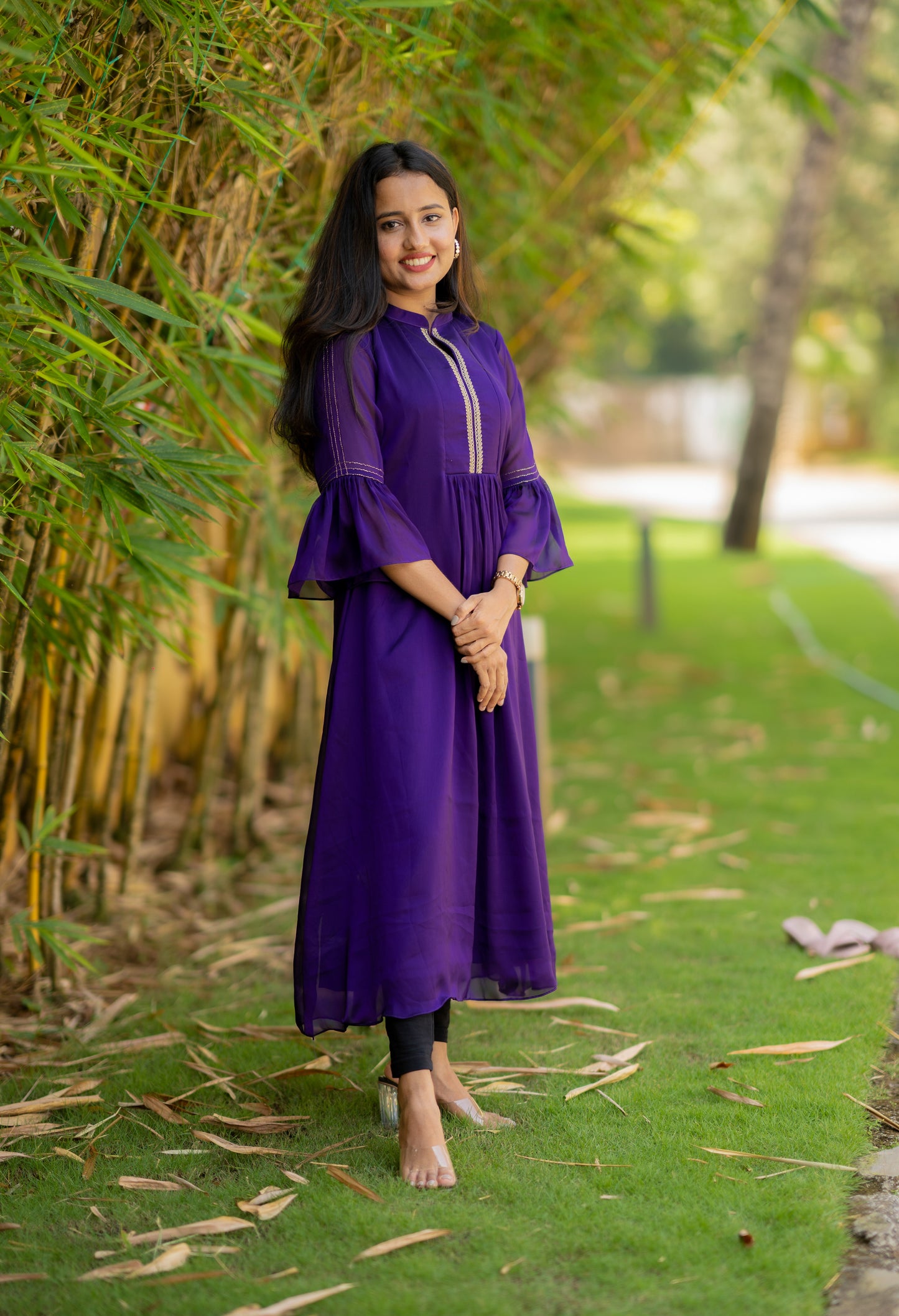 Purple shaded silky georgette kurti with Zari detailing and flared sleeve MBS-512