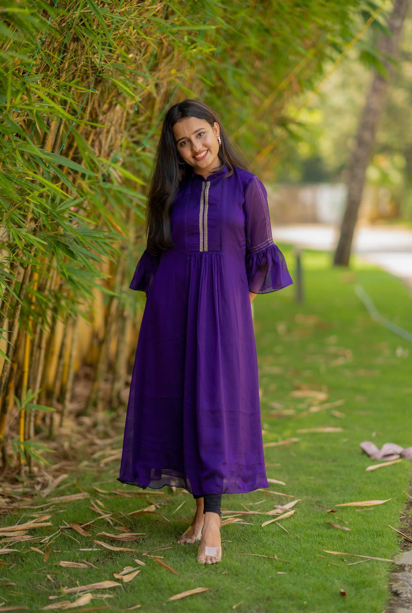 Purple shaded silky georgette kurti with Zari detailing and flared sleeve MBS-512