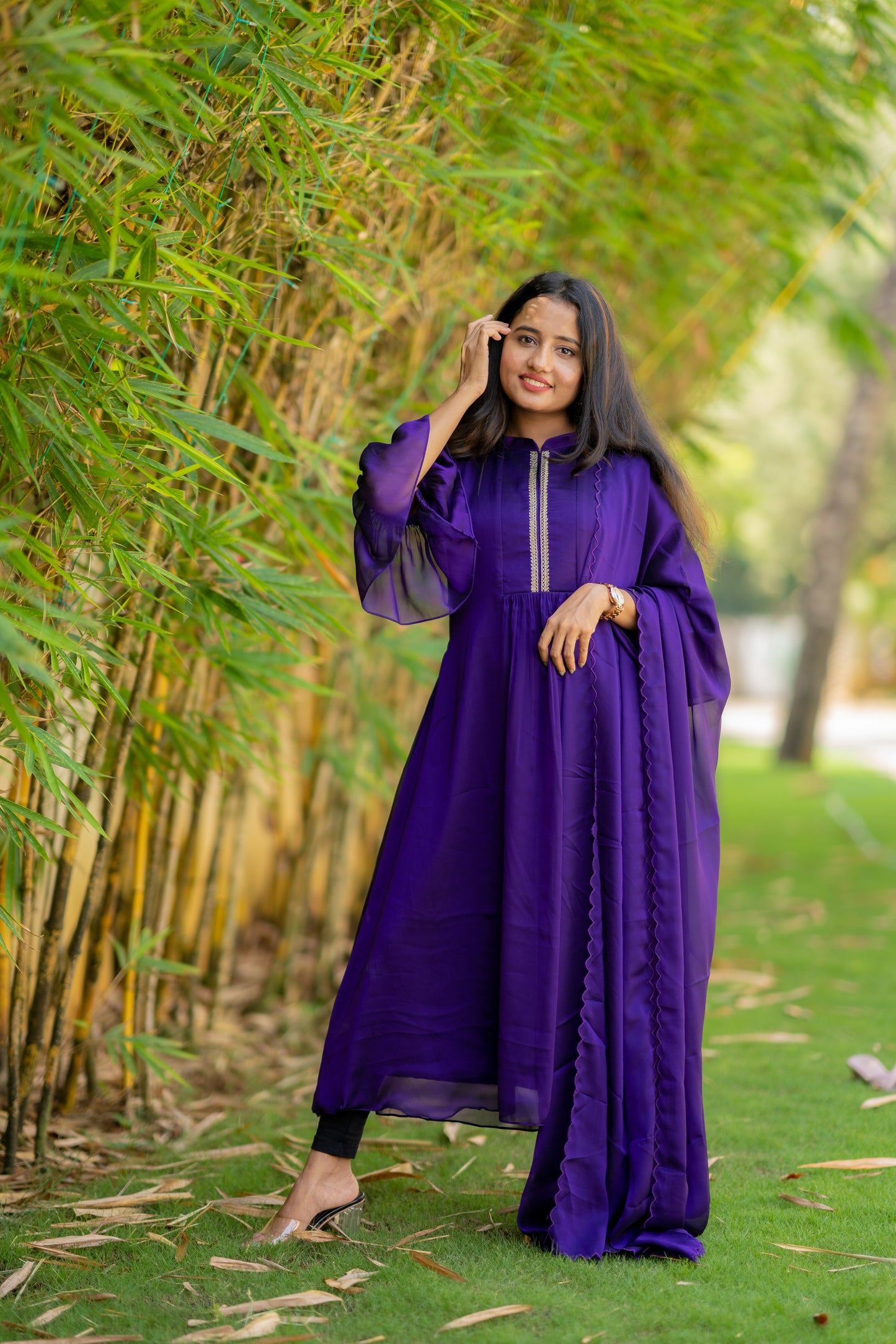 Purple shaded silky georgette kurti with Zari detailing and flared sleeve MBS-512