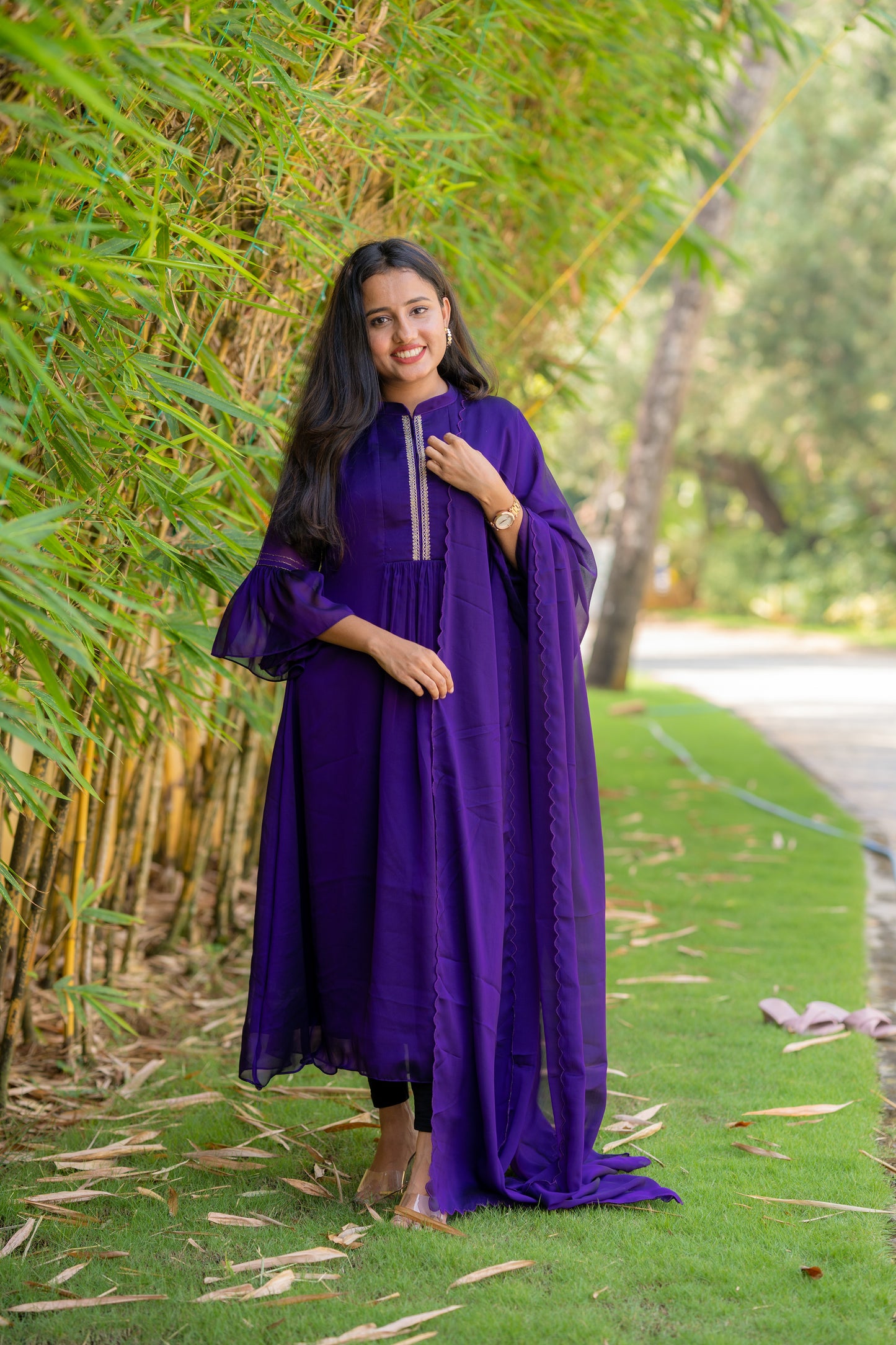 Purple shaded silky georgette kurti with Zari detailing and flared sleeve MBS-512