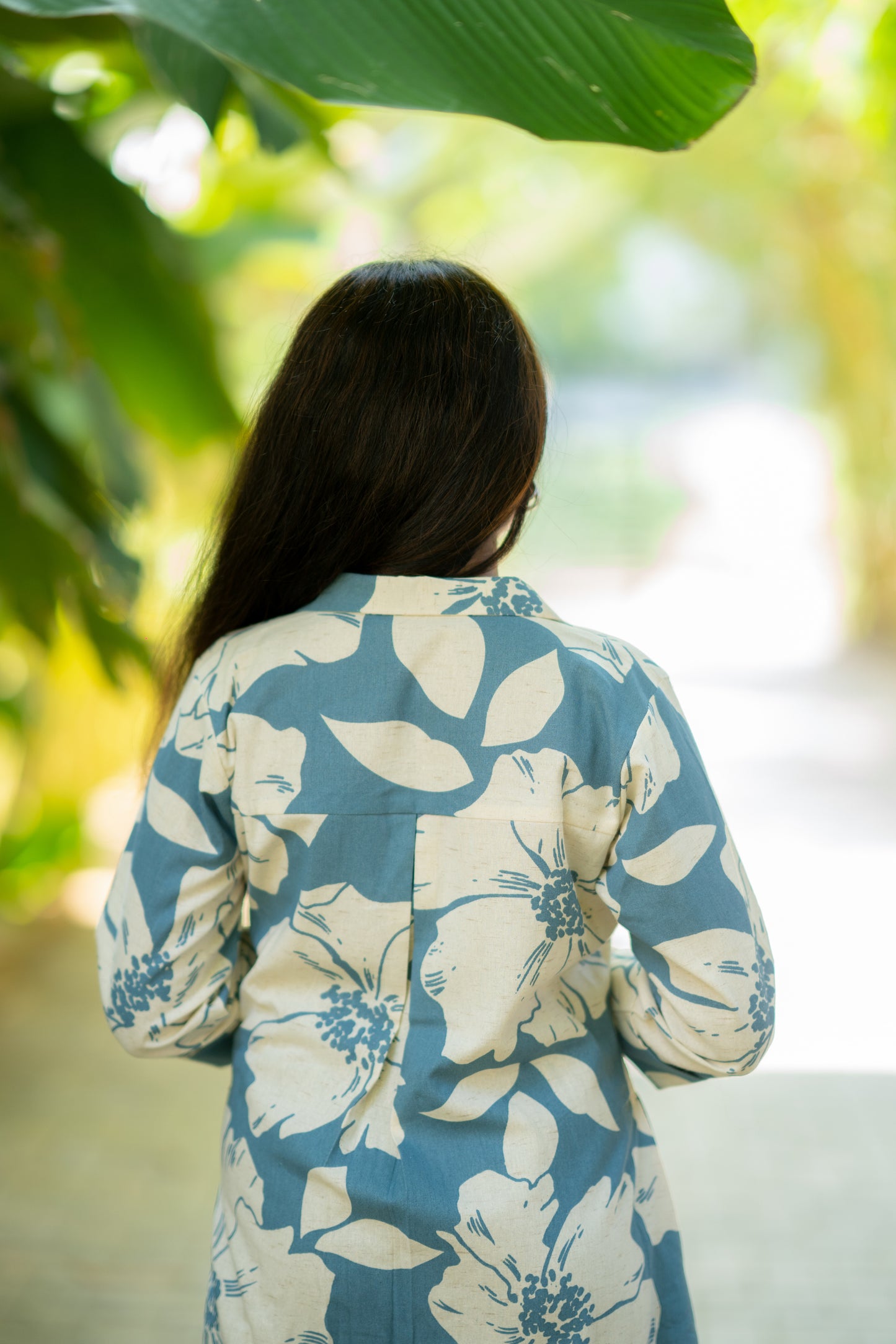 Floral printed flex cotton kurti with shirt collar in Pastel teal blue shade MBS-514