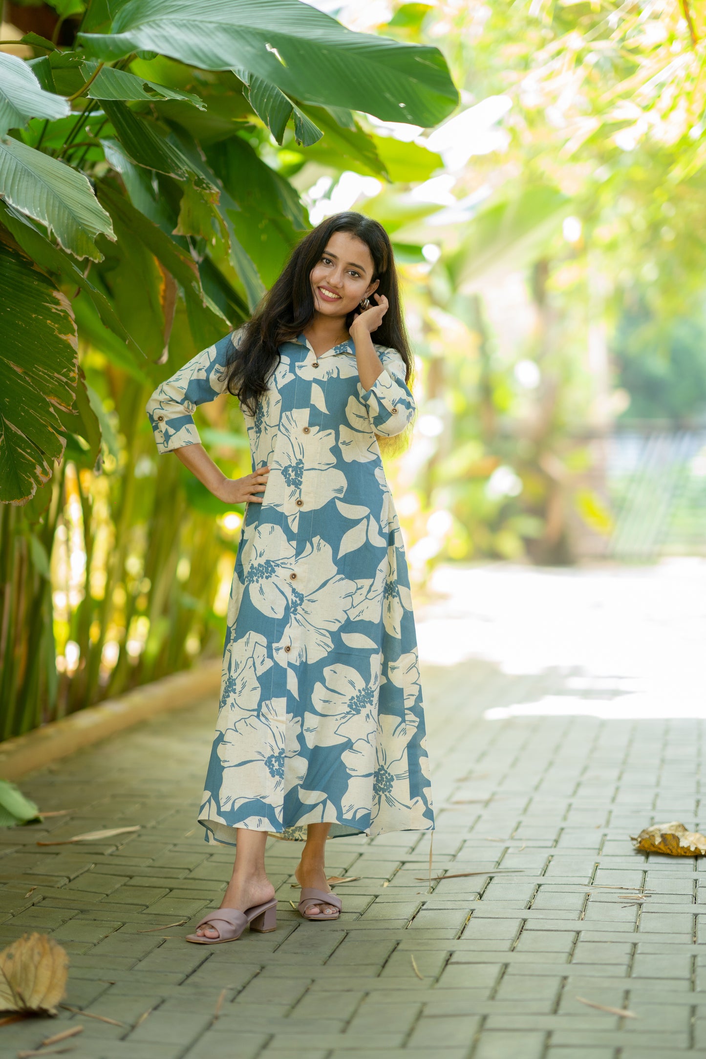 Floral printed flex cotton kurti with shirt collar in Pastel teal blue shade MBS-514