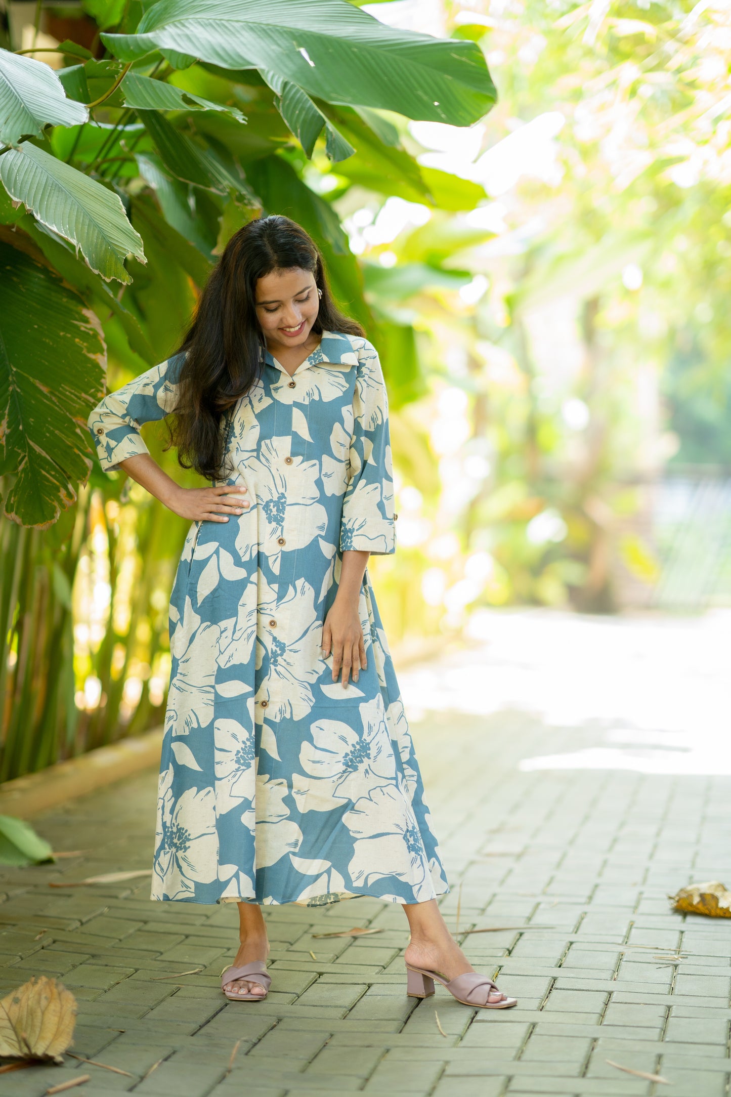 Floral printed flex cotton kurti with shirt collar in Pastel teal blue shade MBS-514