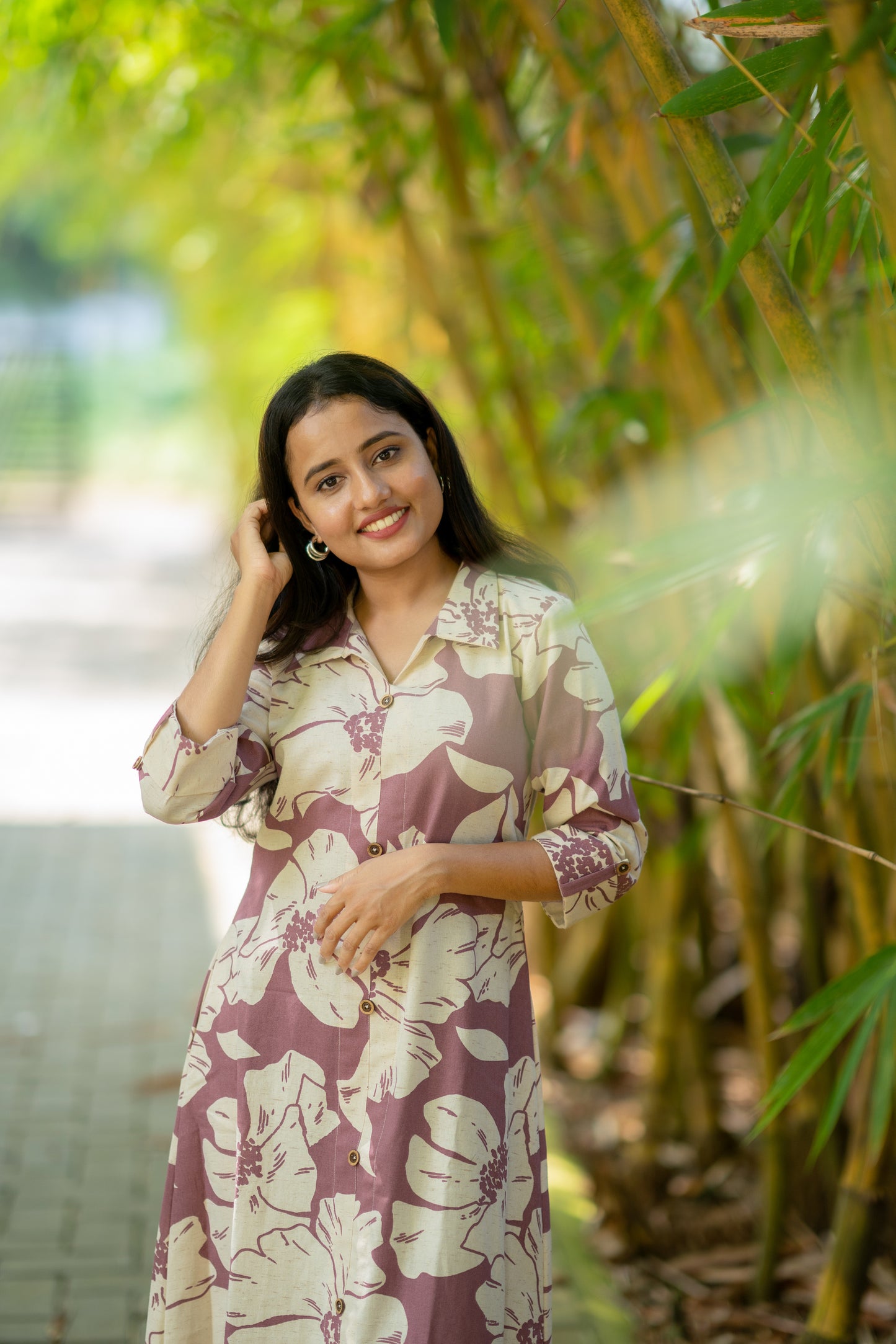 Floral printed flex cotton kurti with shirt collar in dark mauve shade MBS-513