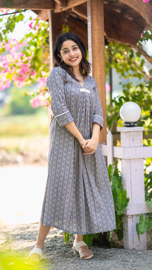 Ash printed pure cotton A-line kurti with crochet lace detailing MBS-330