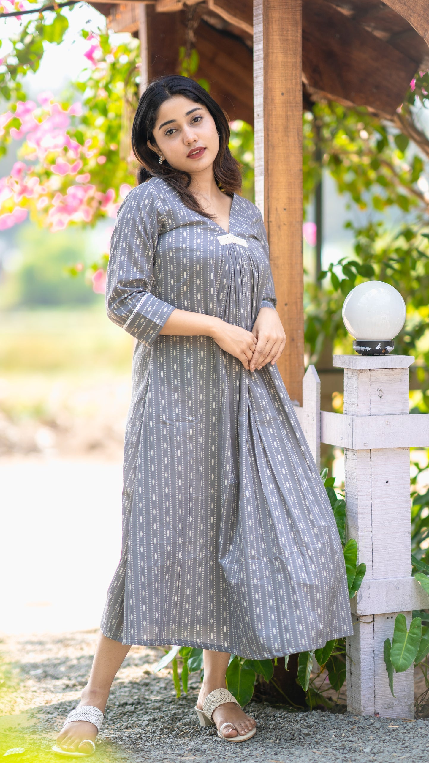 Ash printed pure cotton A-line kurti with crochet lace detailing MBS-330