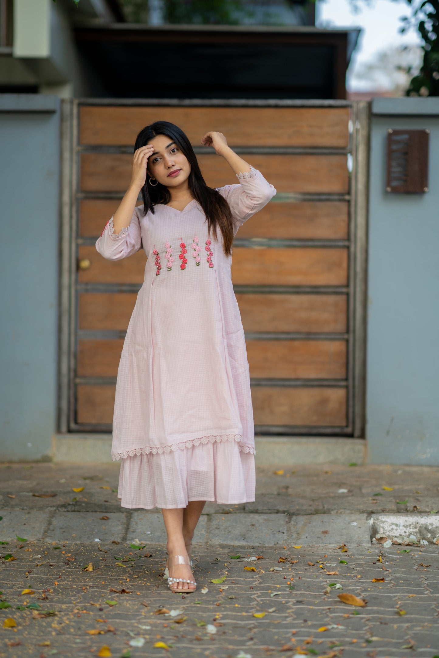 Pastel pink shaded soft kota checks kurti/dress with floral thread worked yoke MBS-532