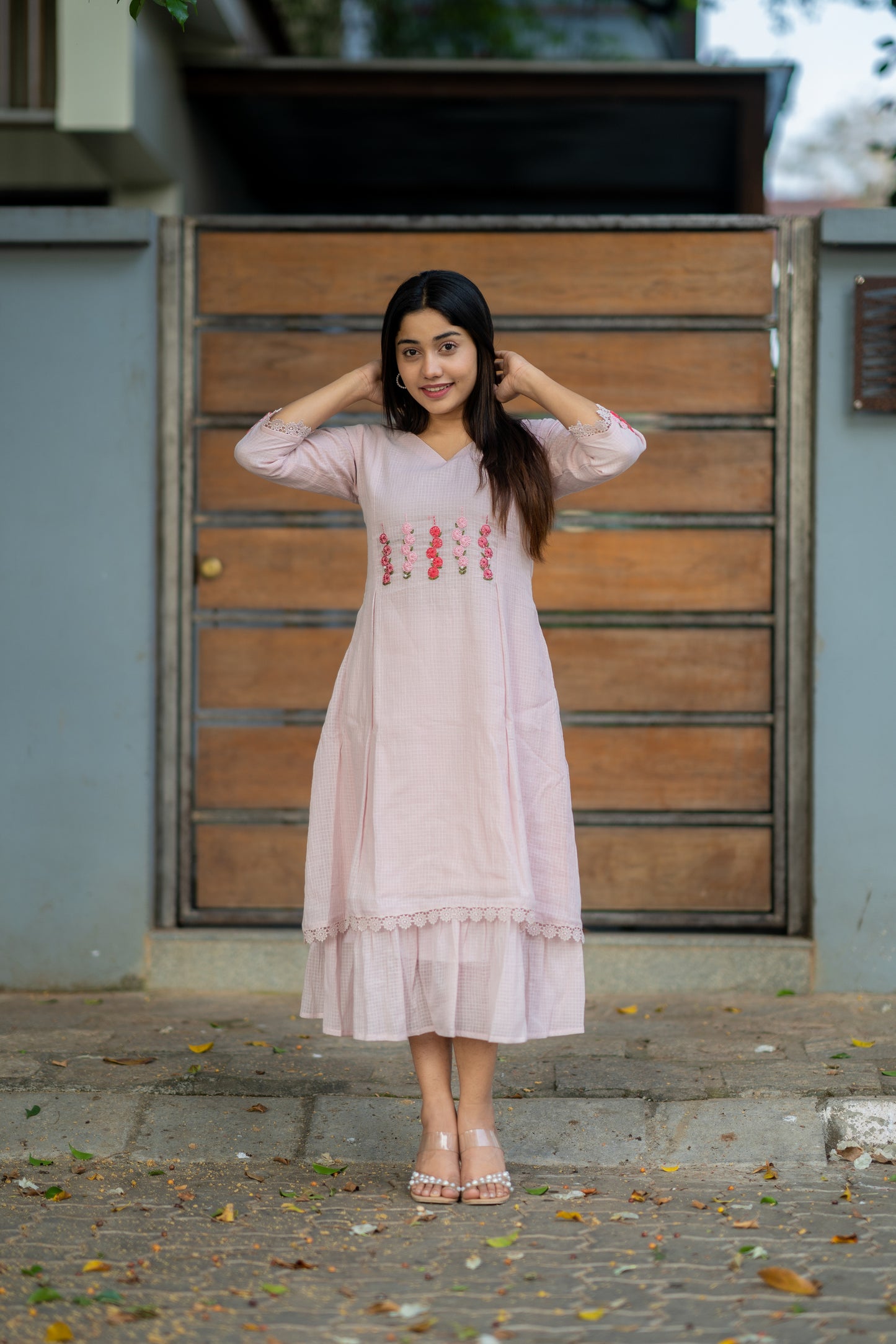 Pastel pink shaded soft kota checks kurti/dress with floral thread worked yoke MBS-532