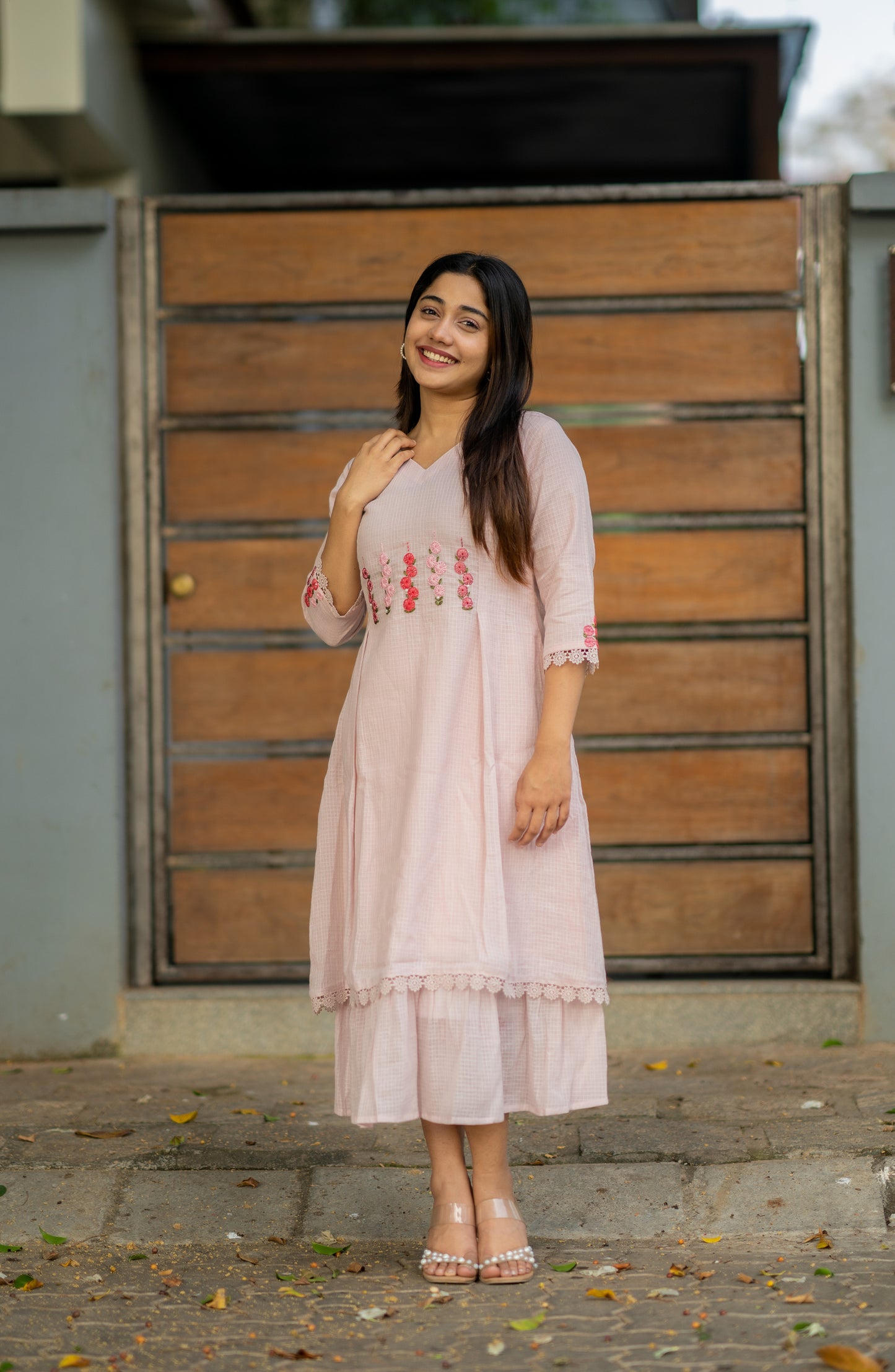 Pastel pink shaded soft kota checks kurti/dress with floral thread worked yoke MBS-532