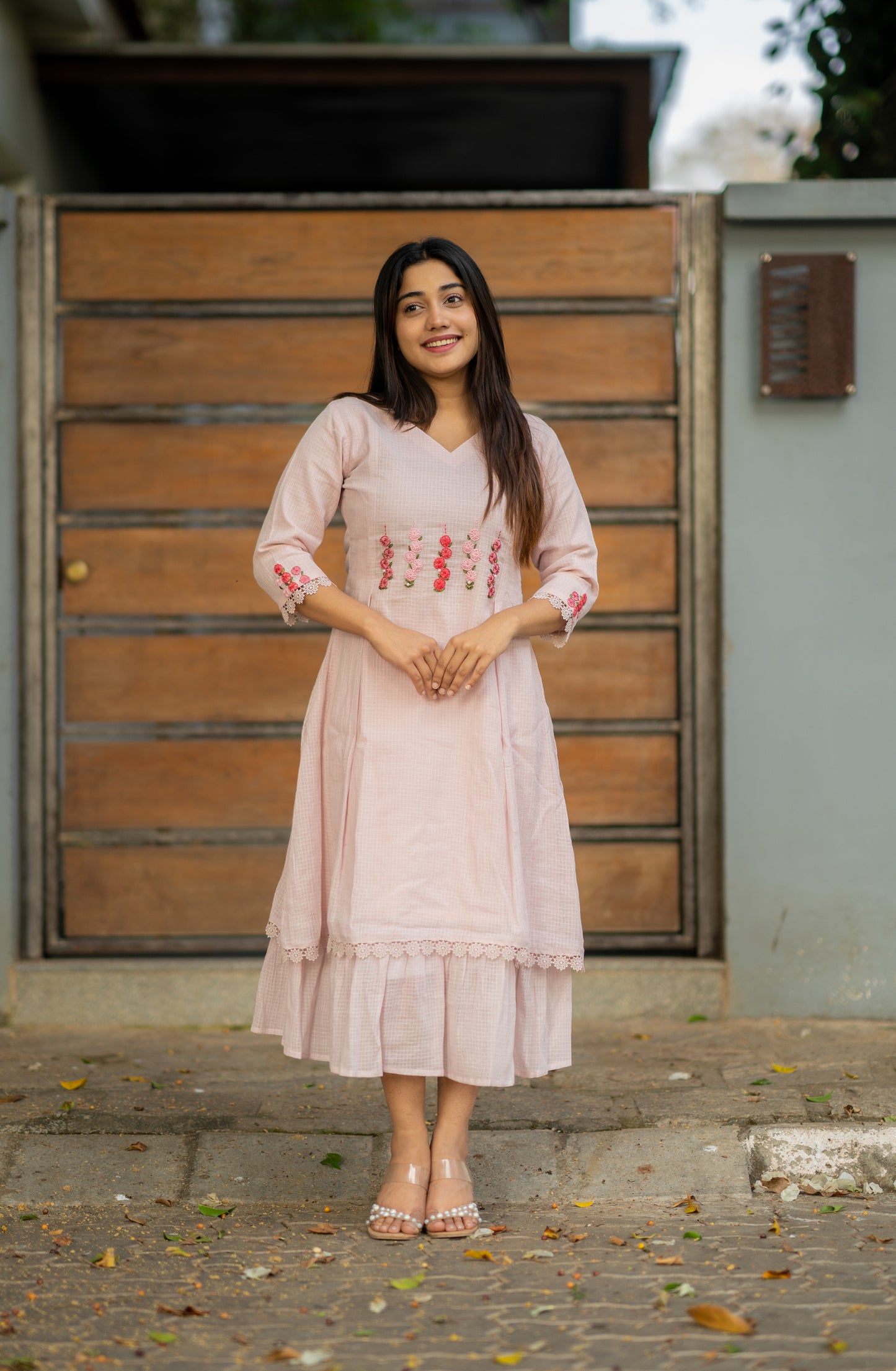 Pastel pink shaded soft kota checks kurti/dress with floral thread worked yoke MBS-532