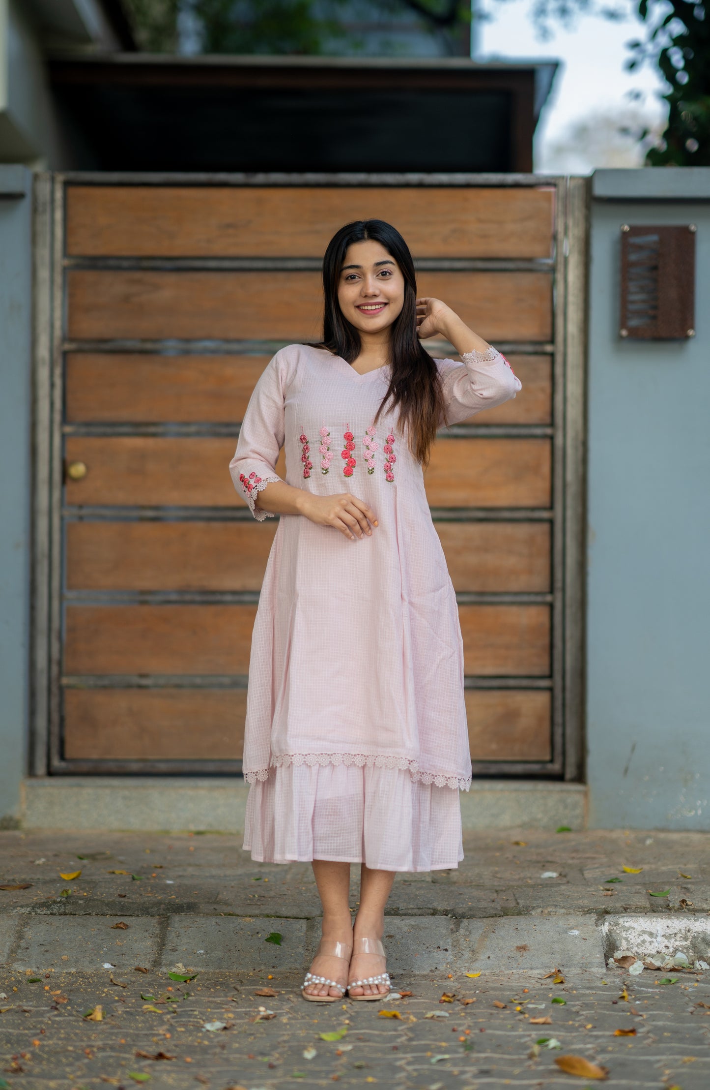 Pastel pink shaded soft kota checks kurti/dress with floral thread worked yoke MBS-532