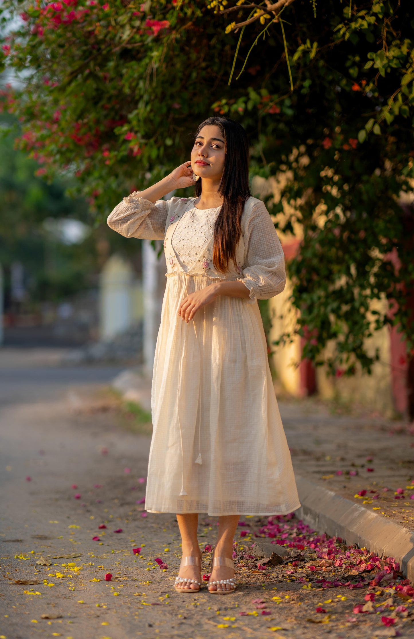 Off white soft Kota checks kurti with hacoba and thread embroidered yoke MBS-533