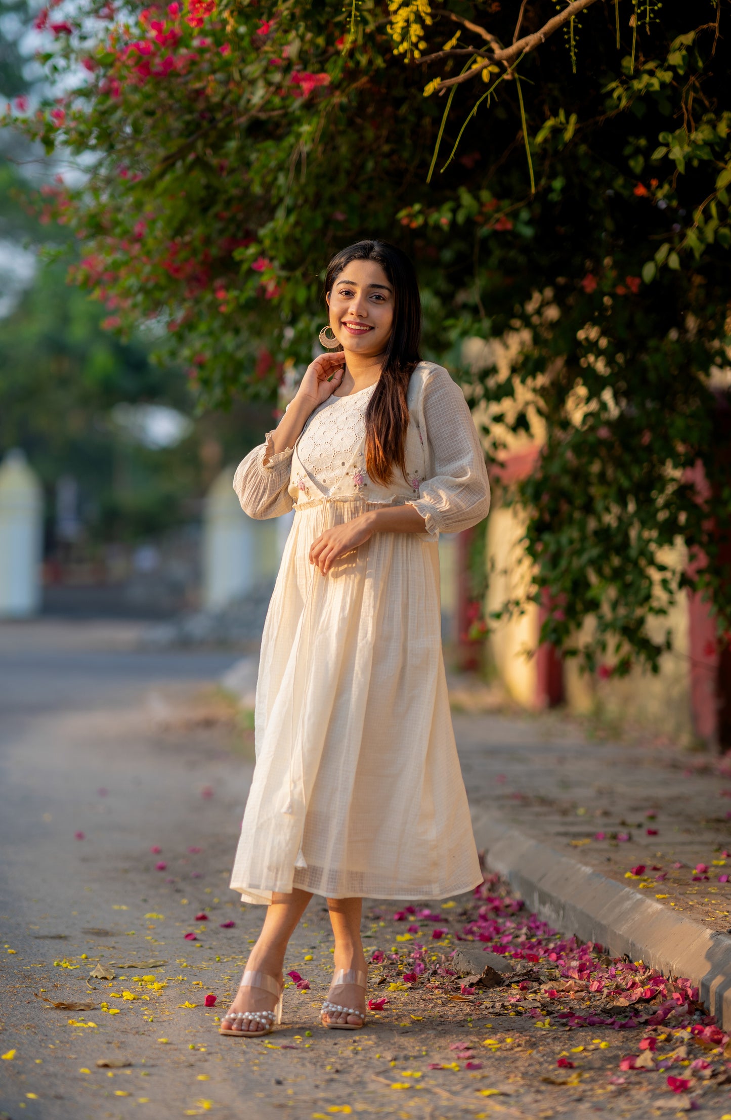 Off white soft Kota checks kurti with hacoba and thread embroidered yoke MBS-533