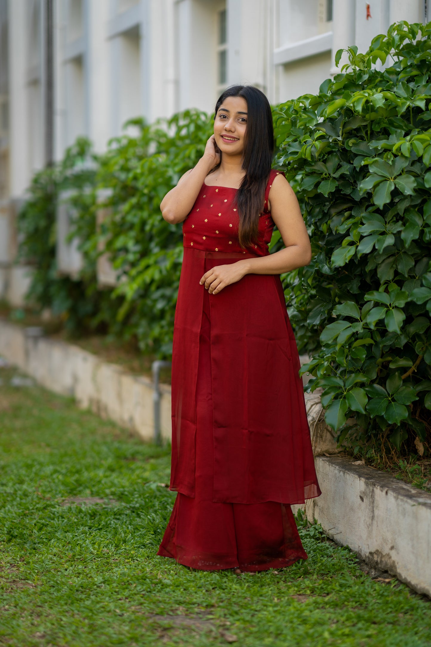 Reddish maroon shaded blooming georgette  sequins worked kurti with flaired palazzo MBS-535