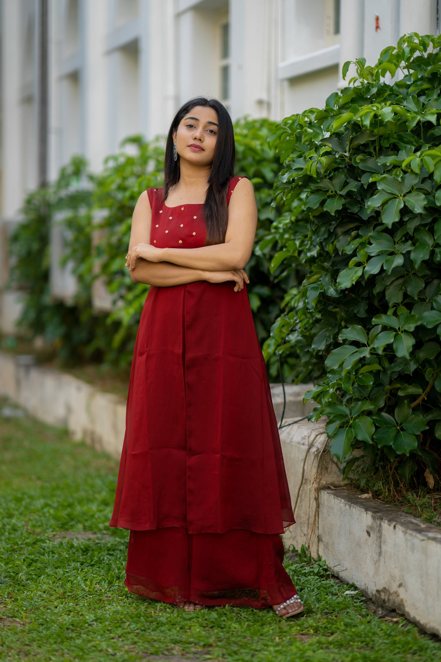 Reddish maroon shaded blooming georgette  sequins worked kurti with flaired palazzo MBS-535