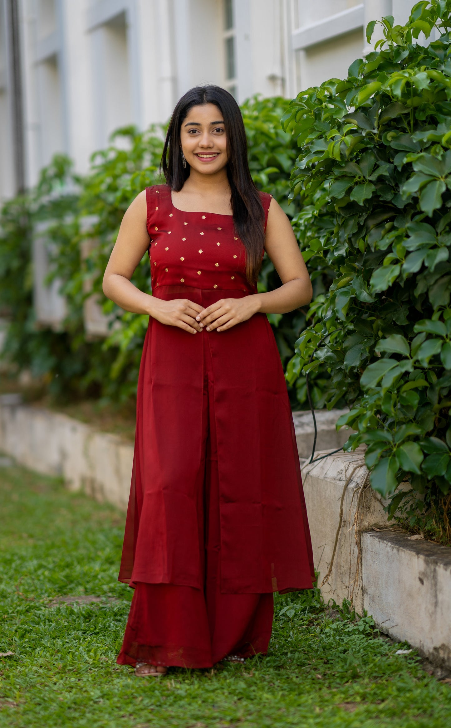 Reddish maroon shaded blooming georgette  sequins worked kurti with flaired palazzo MBS-535