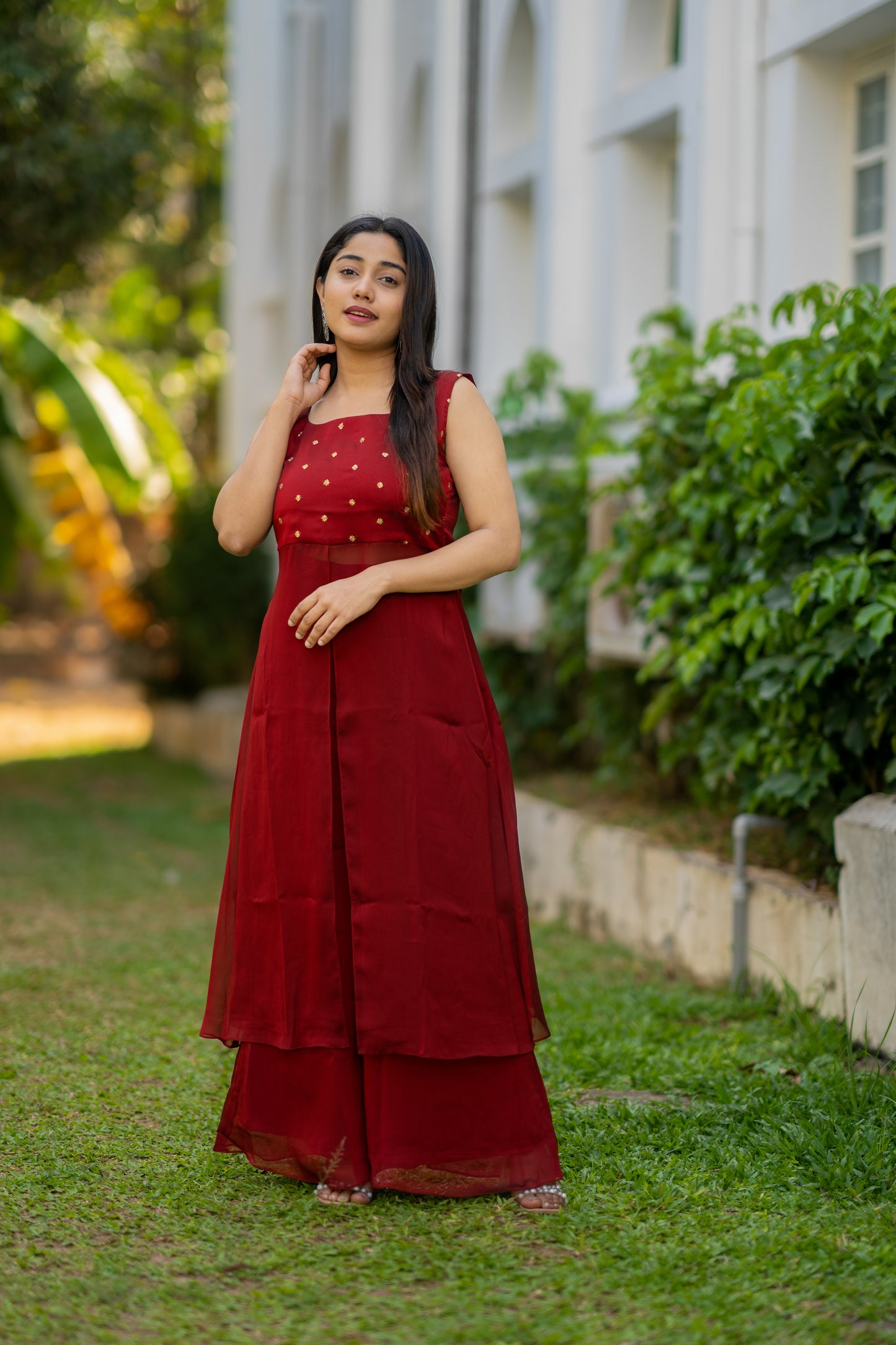 Reddish maroon shaded blooming georgette  sequins worked kurti with flaired palazzo MBS-535