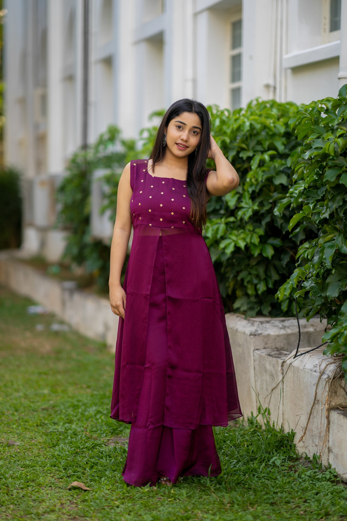 Dark amaranth shaded blooming georgette  sequins worked kurti with flaired palazzo MBS-534