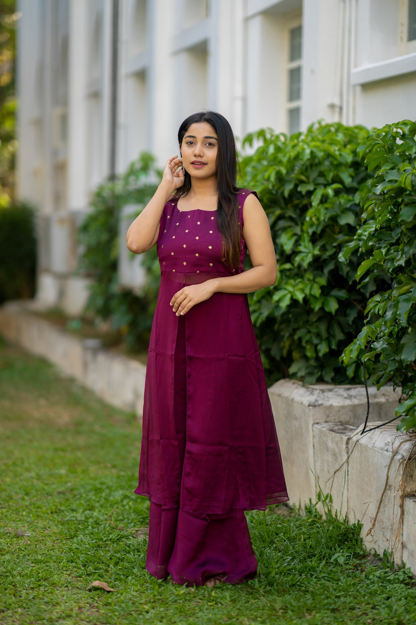 Dark amaranth shaded blooming georgette  sequins worked kurti with flaired palazzo MBS-534