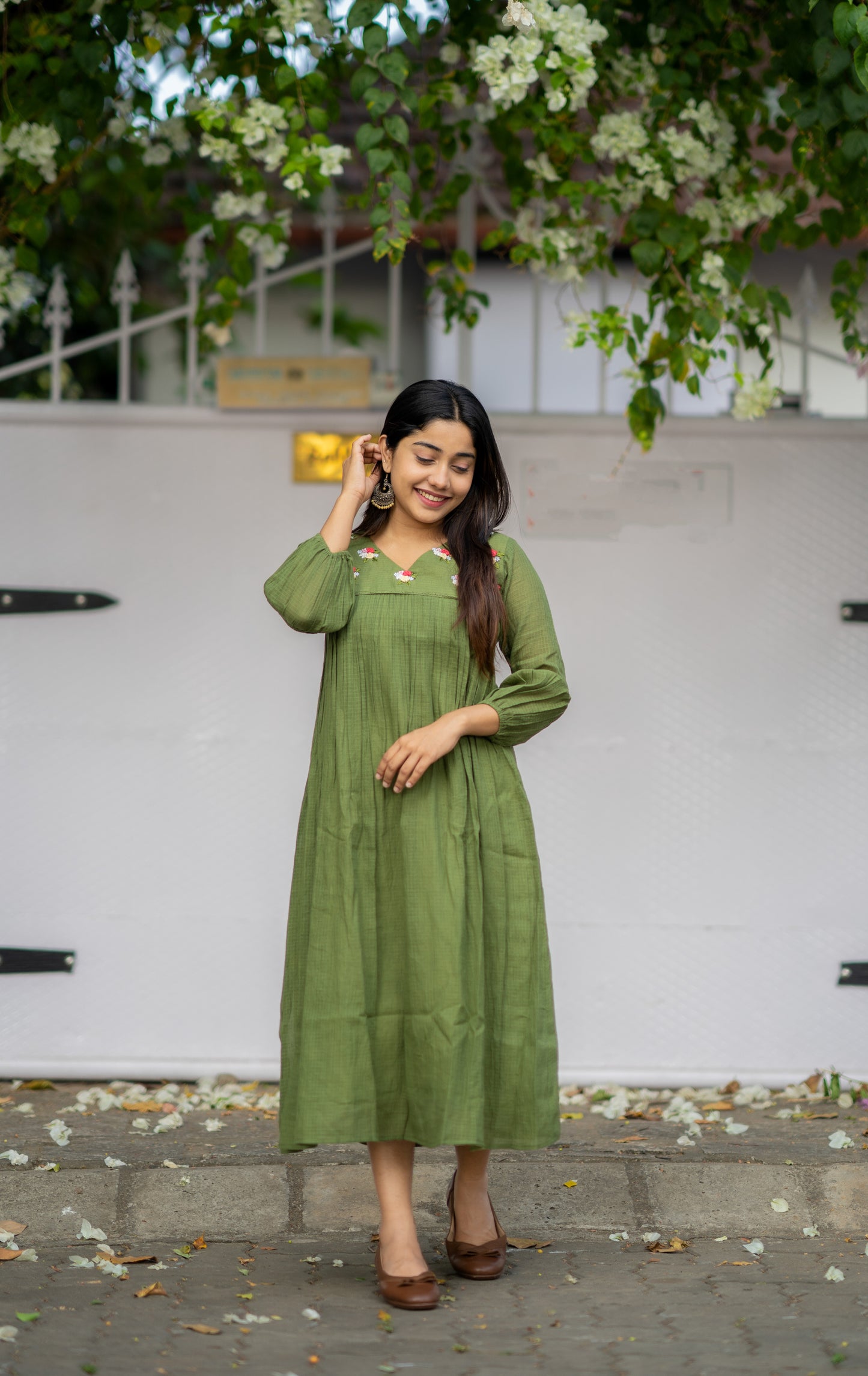 Green gram shaded soft kota kurti/dress with thread embroidered yoke M MyBudgetStore.in Green gram shaded soft kota kurti/dress with thread embroidered yoke M MyBudgetStore.in