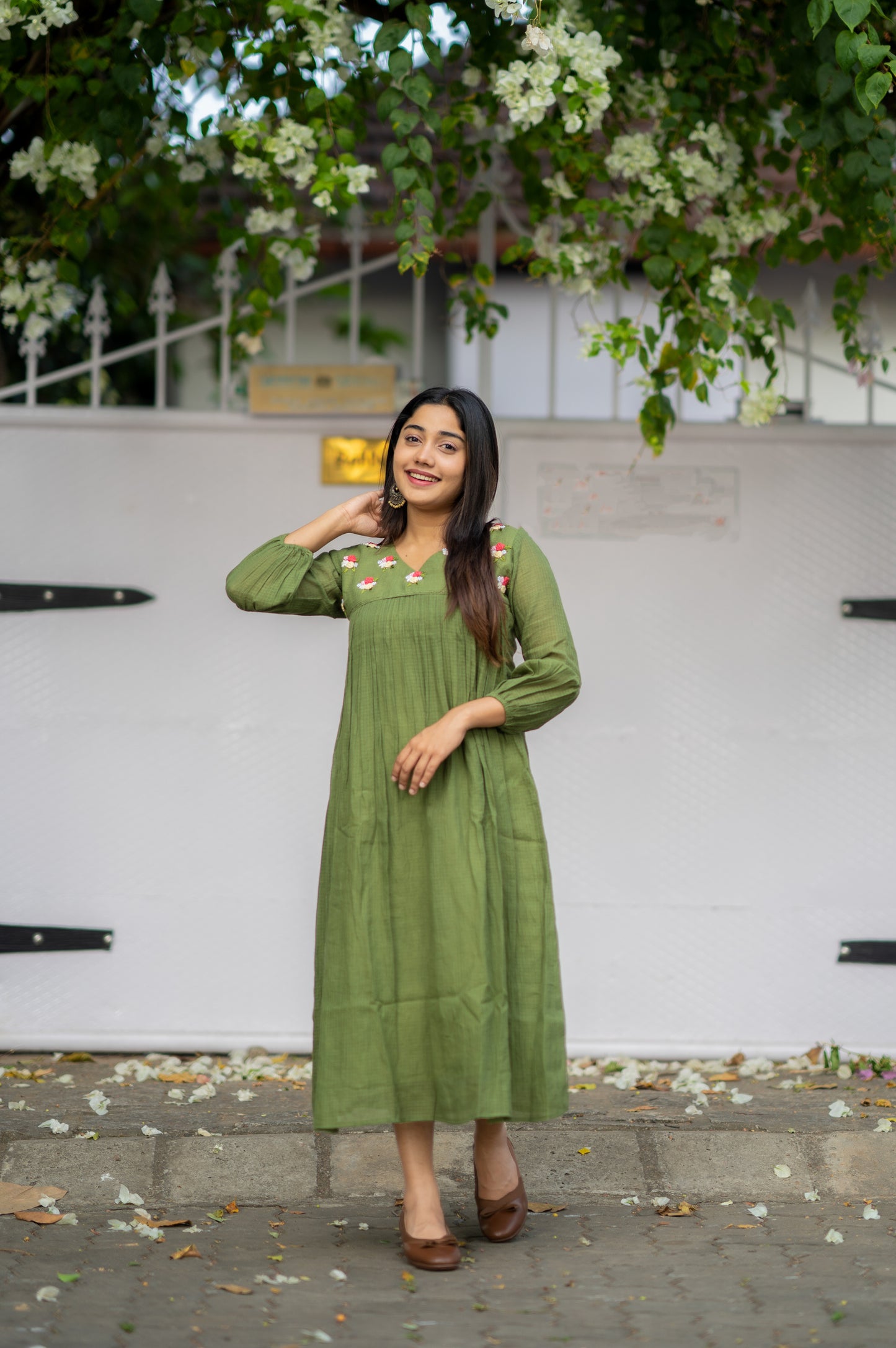 Green gram shaded soft kota kurti/dress with thread  embroidered yoke MBS-537