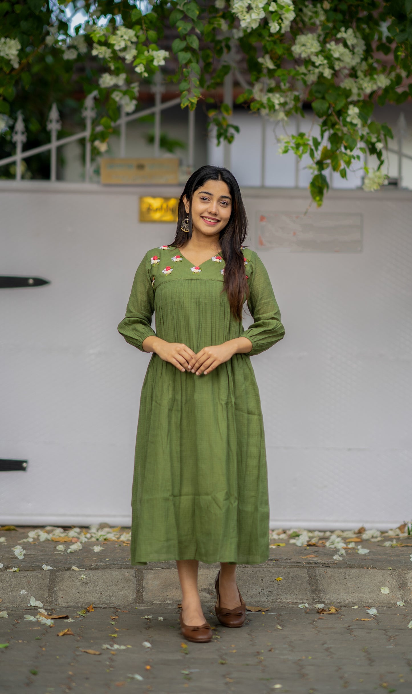 Green gram shaded soft kota kurti/dress with thread  embroidered yoke MBS-537