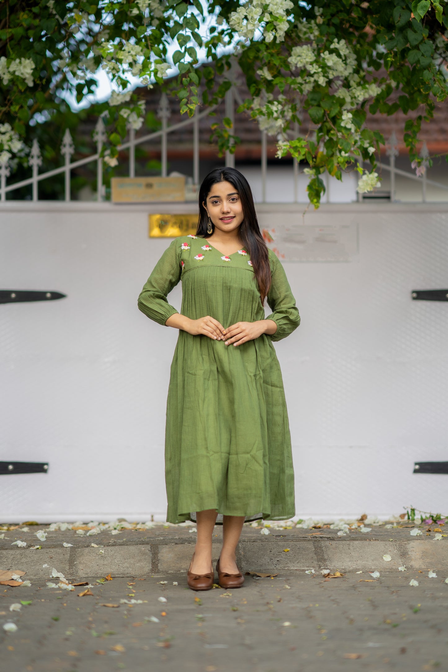 Green gram shaded soft kota kurti/dress with thread  embroidered yoke MBS-537