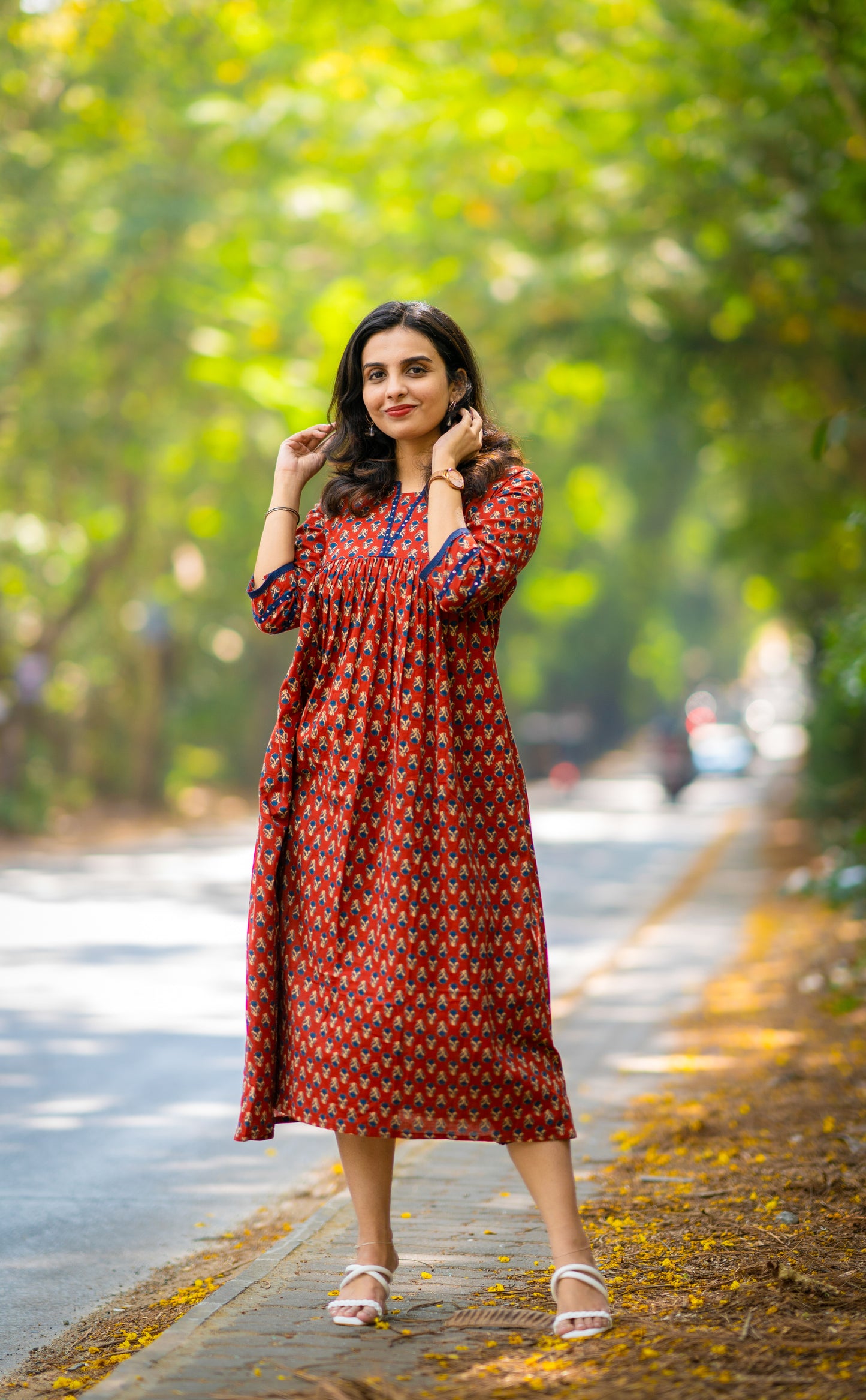 Floral printed cotton A-line kurti with sequins detailing on neck and sleeves MBS-337