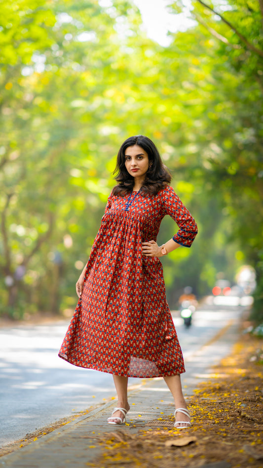 Floral printed cotton A-line kurti with sequins detailing on neck and sleeves MBS-337