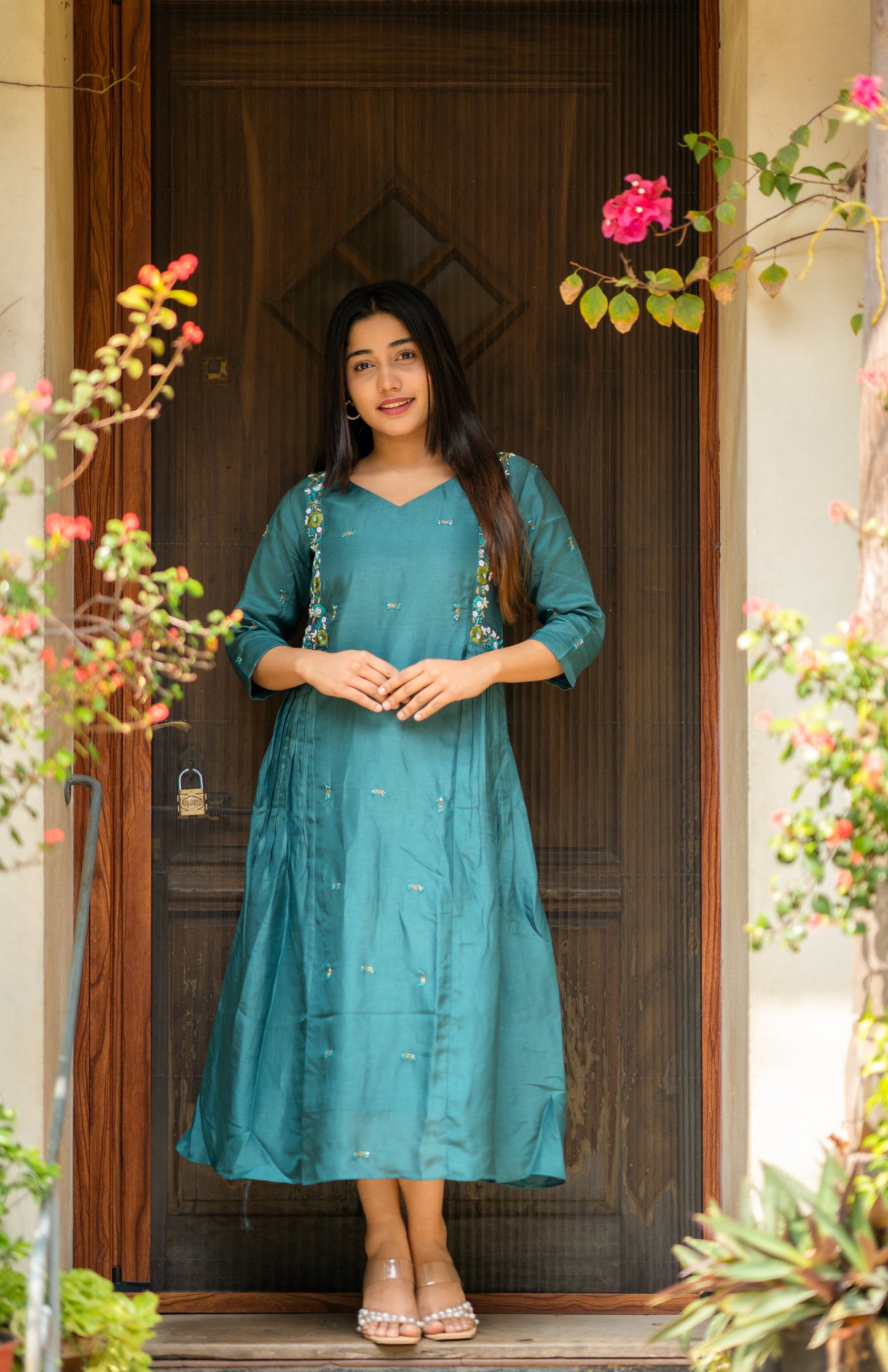 Beryl green shaded Russian silk partywear dress/kurti with heavy handwork detailings MBS-538