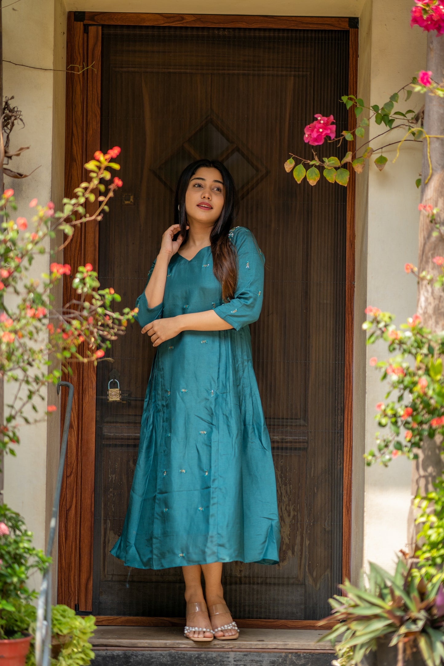 Beryl green shaded Russian silk partywear dress/kurti with heavy handwork detailings MBS-538