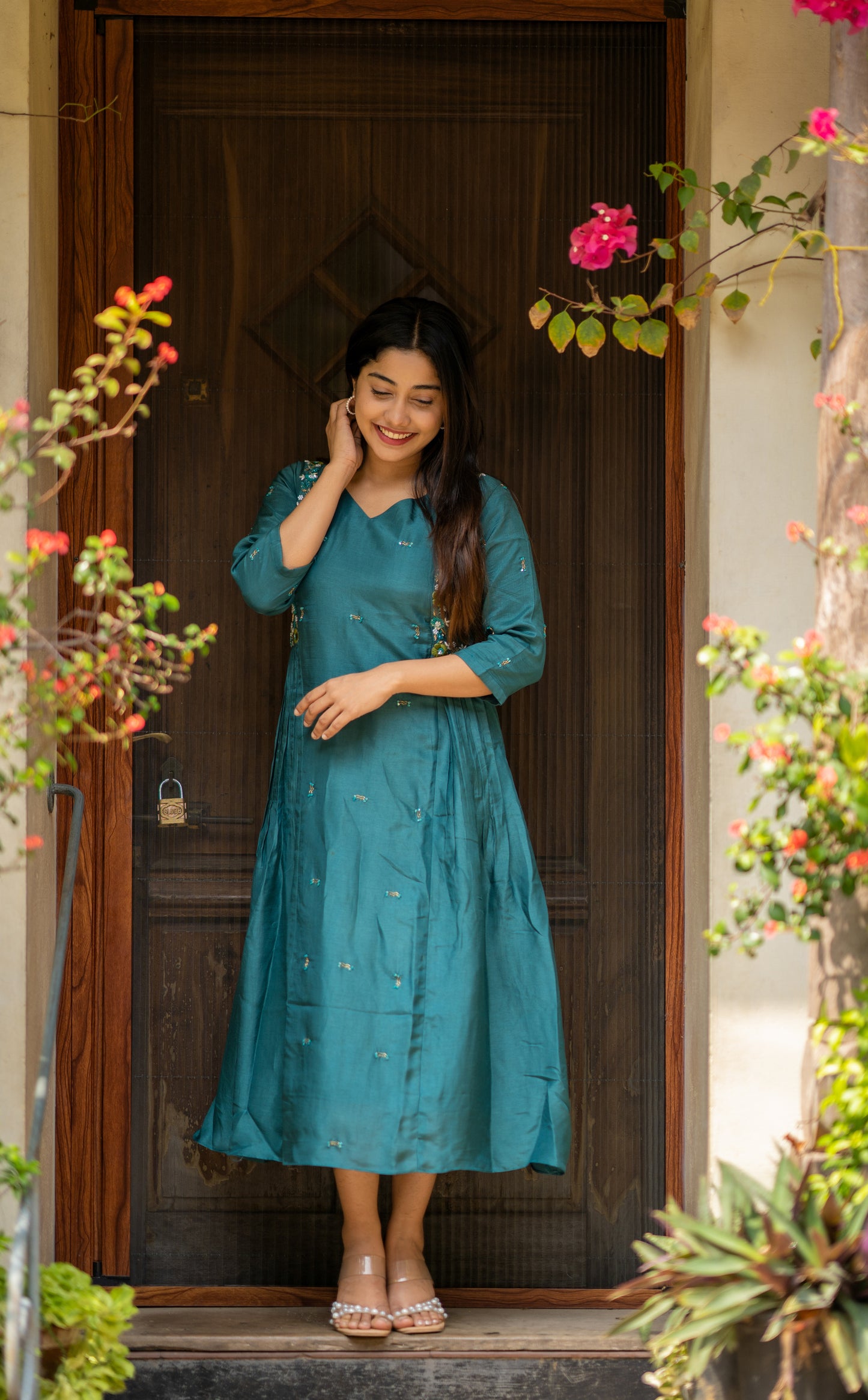 Beryl green shaded Russian silk partywear dress/kurti with heavy handwork detailings MBS-538