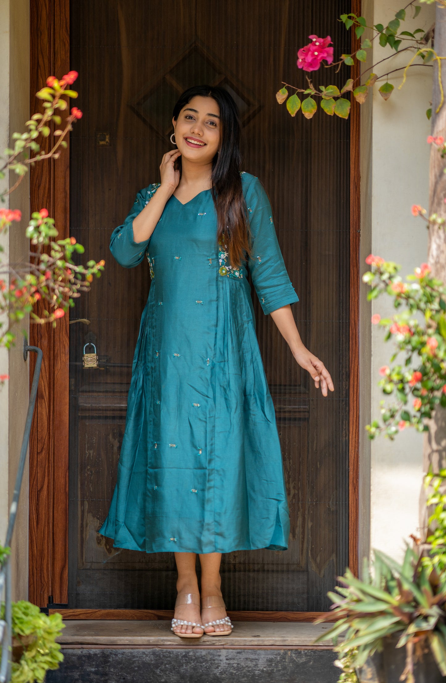 Beryl green shaded Russian silk partywear dress/kurti with heavy handwork detailings MBS-538