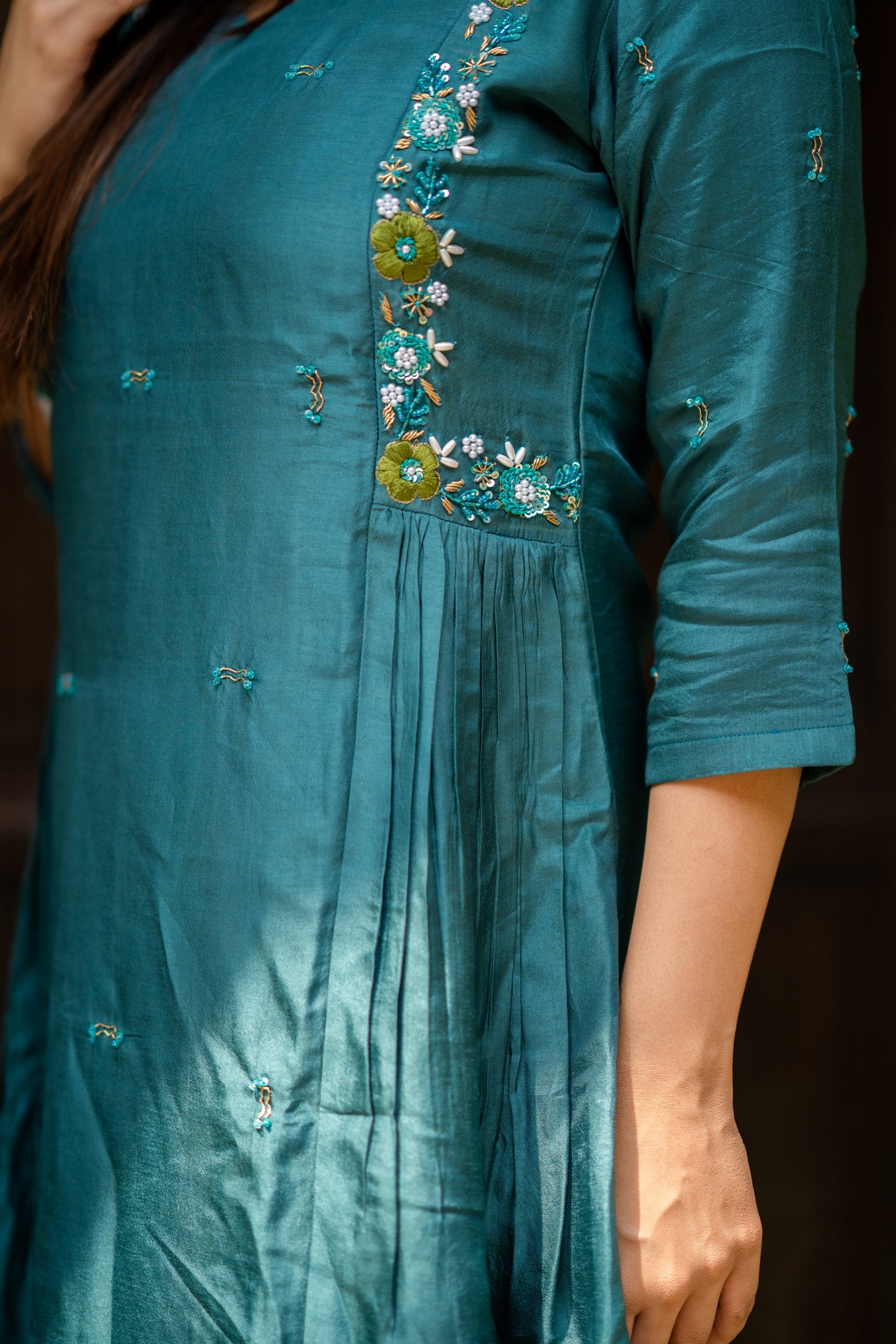 Beryl green shaded Russian silk partywear dress/kurti with heavy handwork detailings MBS-538