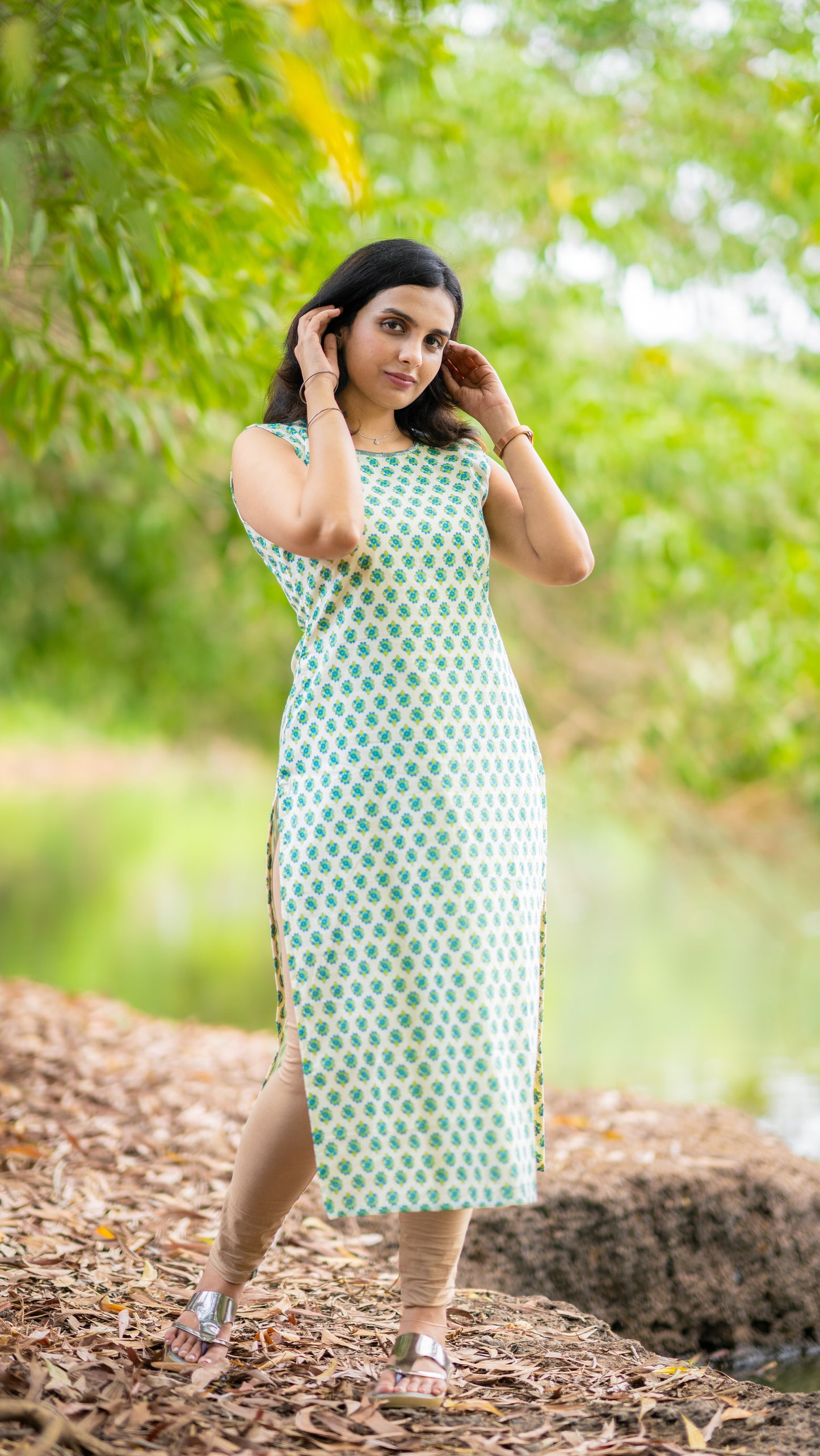 Green floral printed pure soft mul cotton lining kurti with handworked neckline MBS-339
