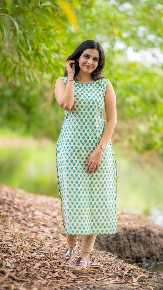 Green floral printed pure soft mul cotton lining kurti with handworked neckline MBS-339