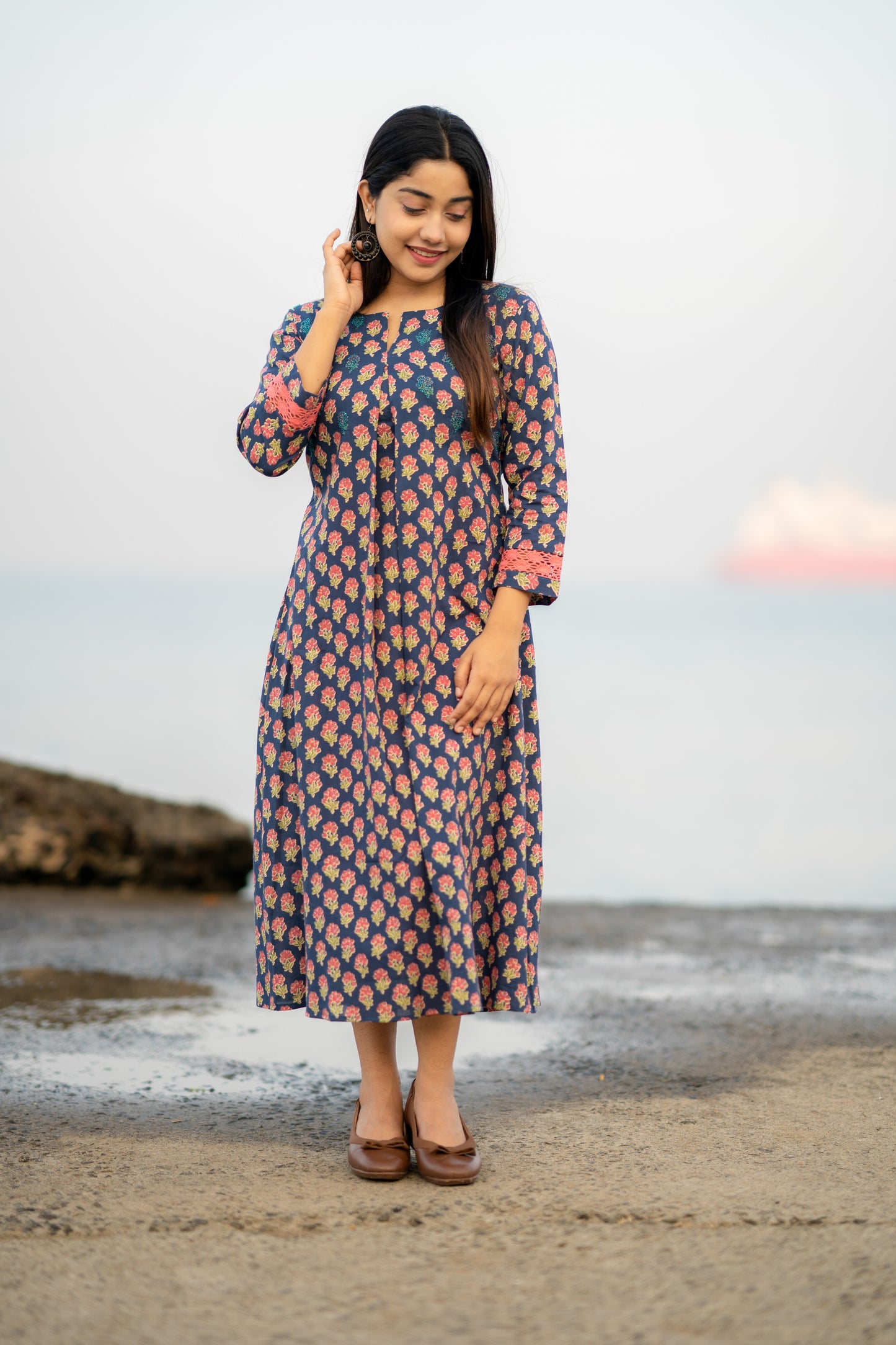 Floral printed cotton kurti with handworked yoke in indigo blue shade MBS-539