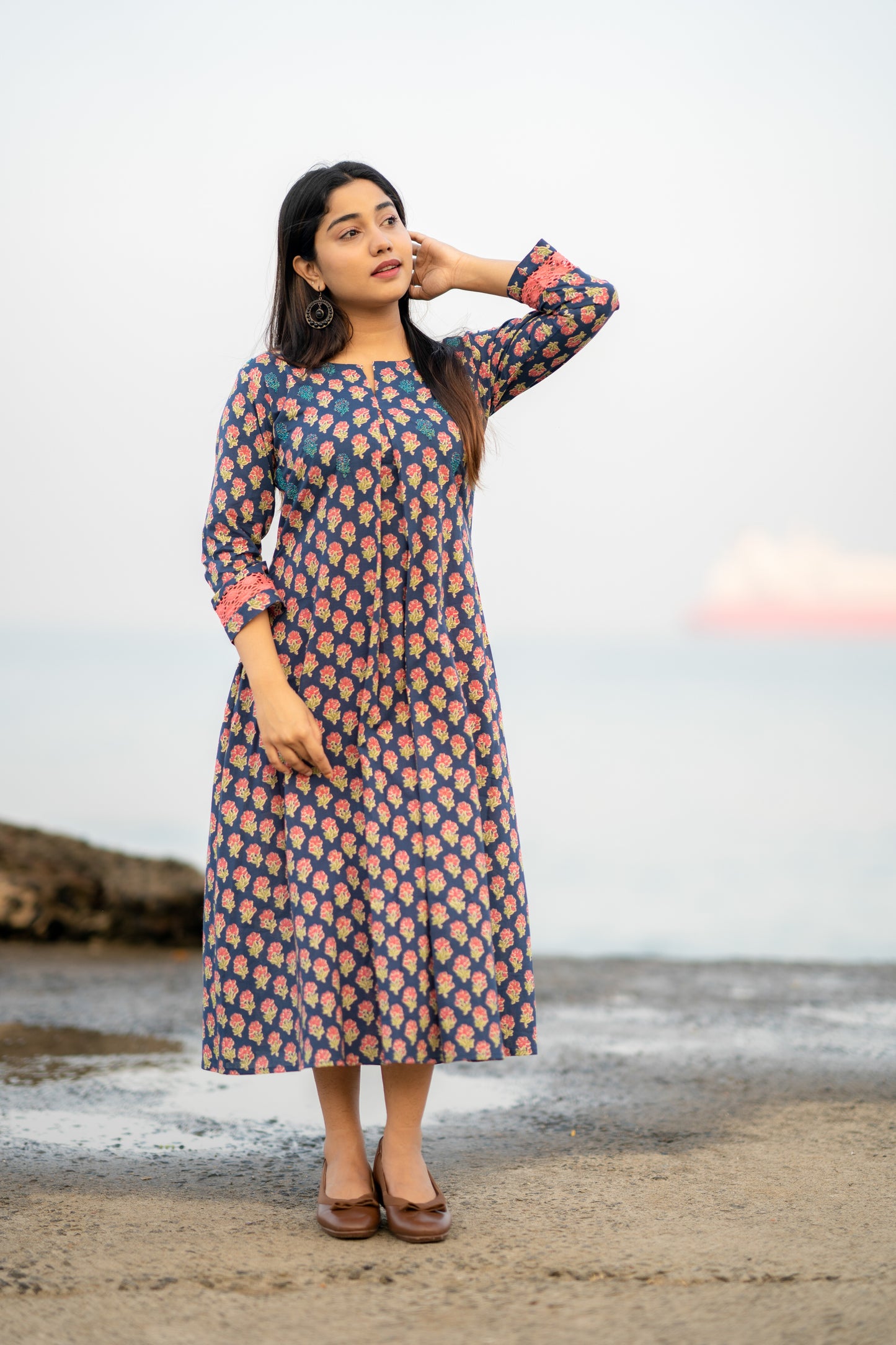 Floral printed cotton kurti with handworked yoke in indigo blue shade MBS-539