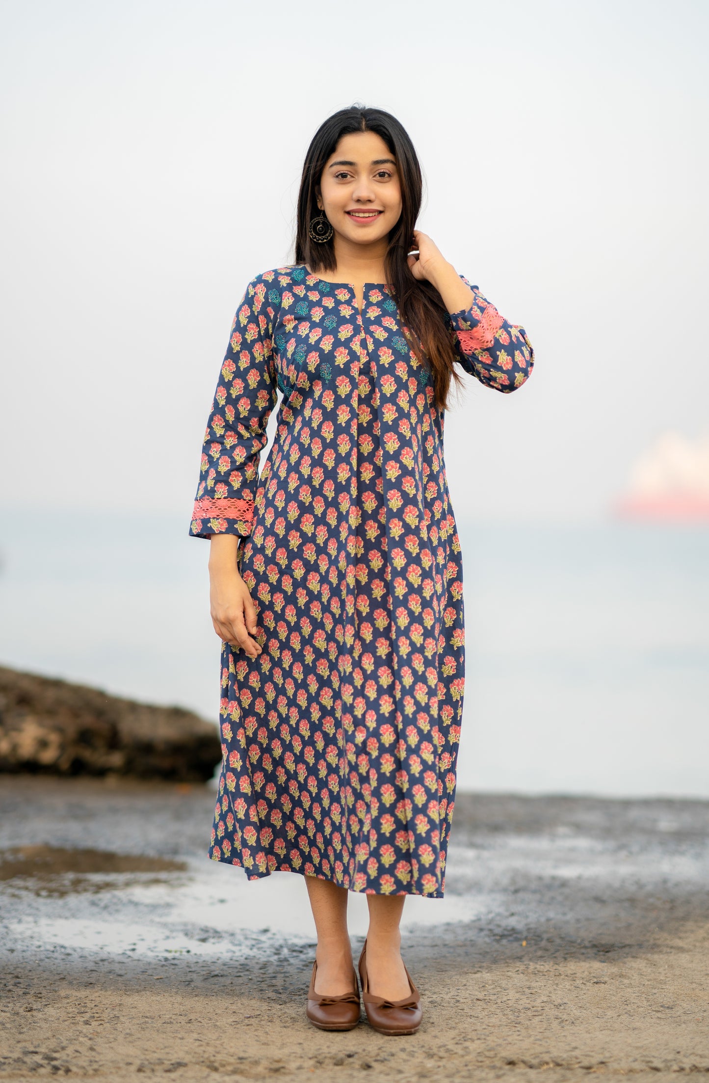 Floral printed cotton kurti with handworked yoke in indigo blue shade MBS-539