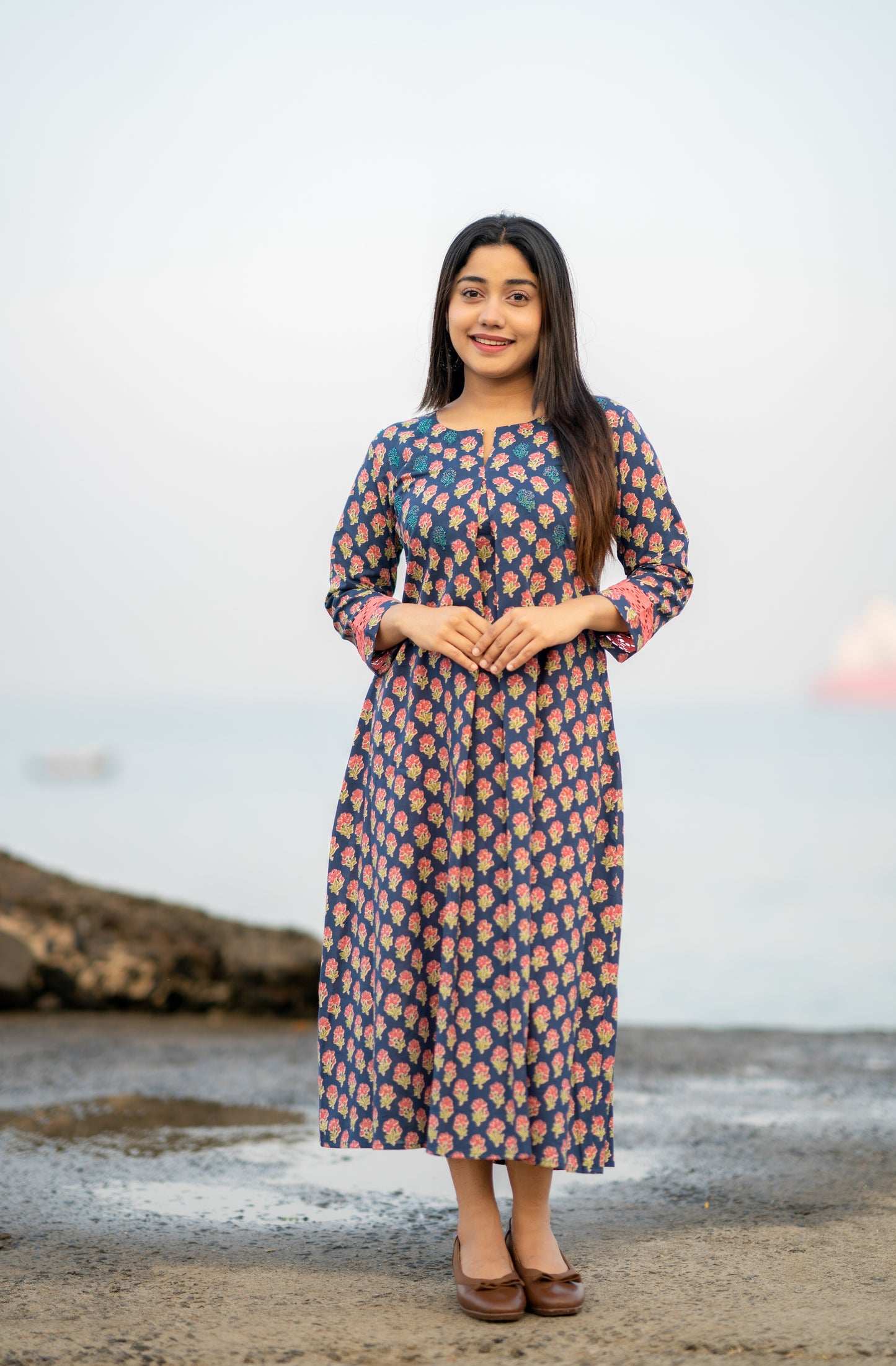 Floral printed cotton kurti with handworked yoke in indigo blue shade MBS-539